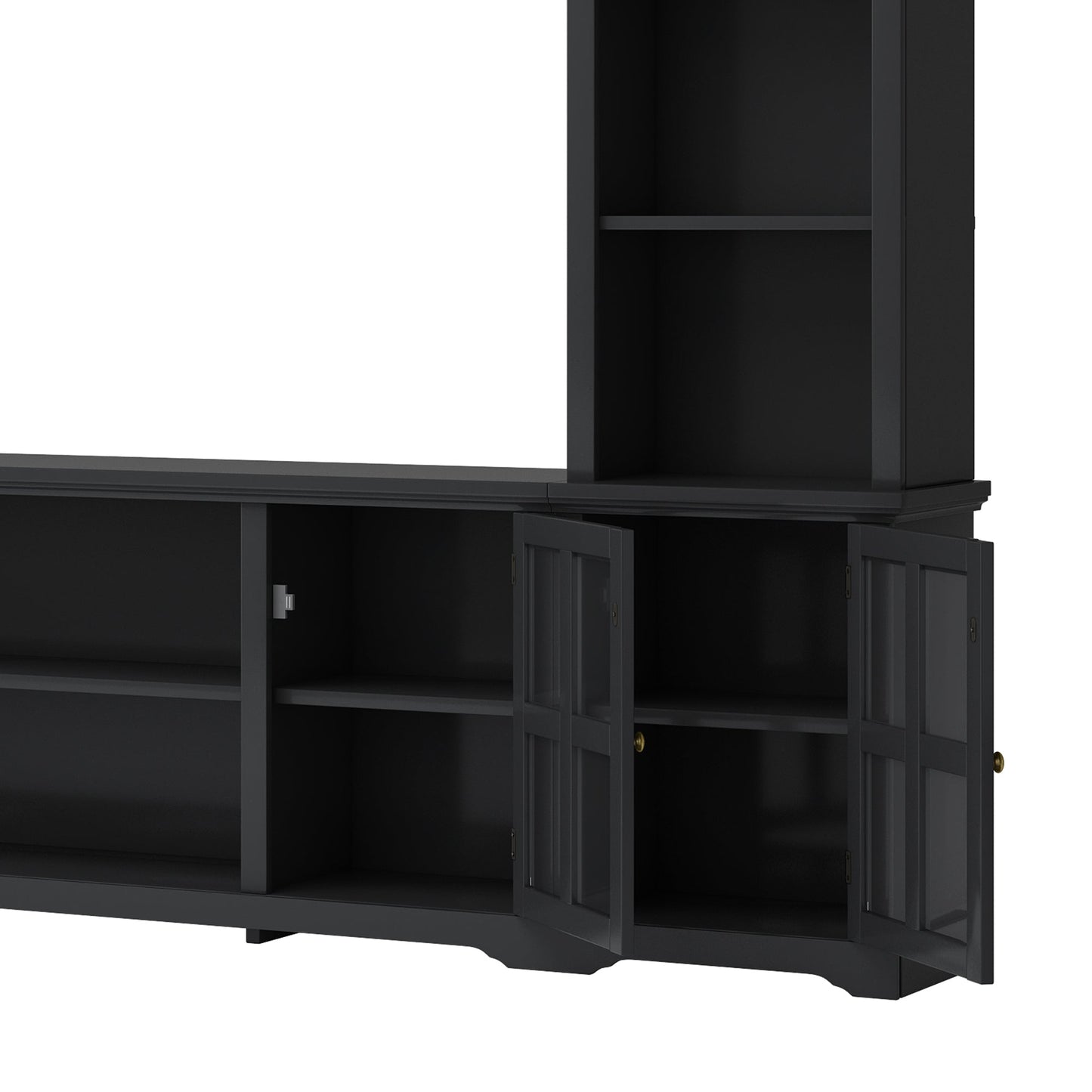 [VIDEO provided] ON-TREND Minimalism Entertainment Wall Unit with Bridge, Modern TV Console Table for TVs Up to 70', Multifunctional TV Stand with Tempered Glass Door, Black (Old SKU: SD000009AAB)