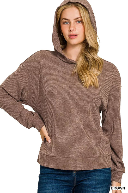 Zenana Ribbed Long Sleeve Hoodie - Lee's Retail 