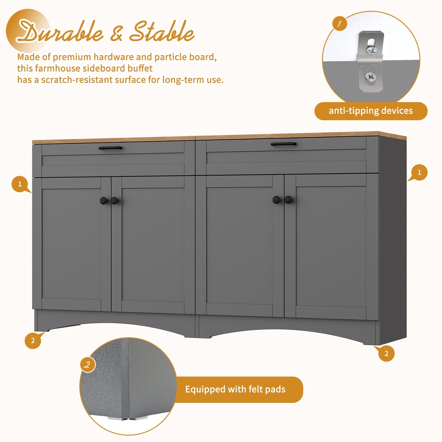ON-TREND Farmhouse TV Stand with 2 Drawers for TVs Up to 70', Versatile Wood Grain Sideboard with Adjustable Shelves, Mid-Century Buffet Cabinet with Rustic Handles for Living Room/Bedroom, Grey