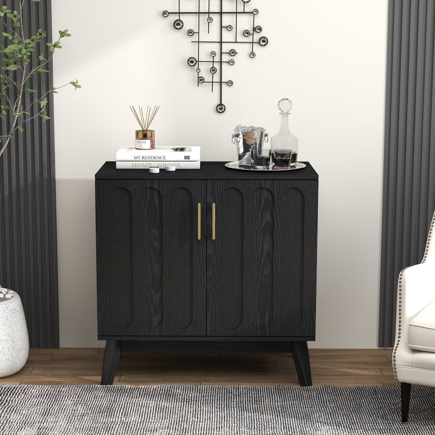 Mid Century Modern Fluted Sideboard Cabinet with Adjustable Shelves & Solid Wood Legs, Buffet Cabinet with Storage, Walnut Storage Cabinet for Living Room, Entryway, Hallway, Dining Room, Kitchen