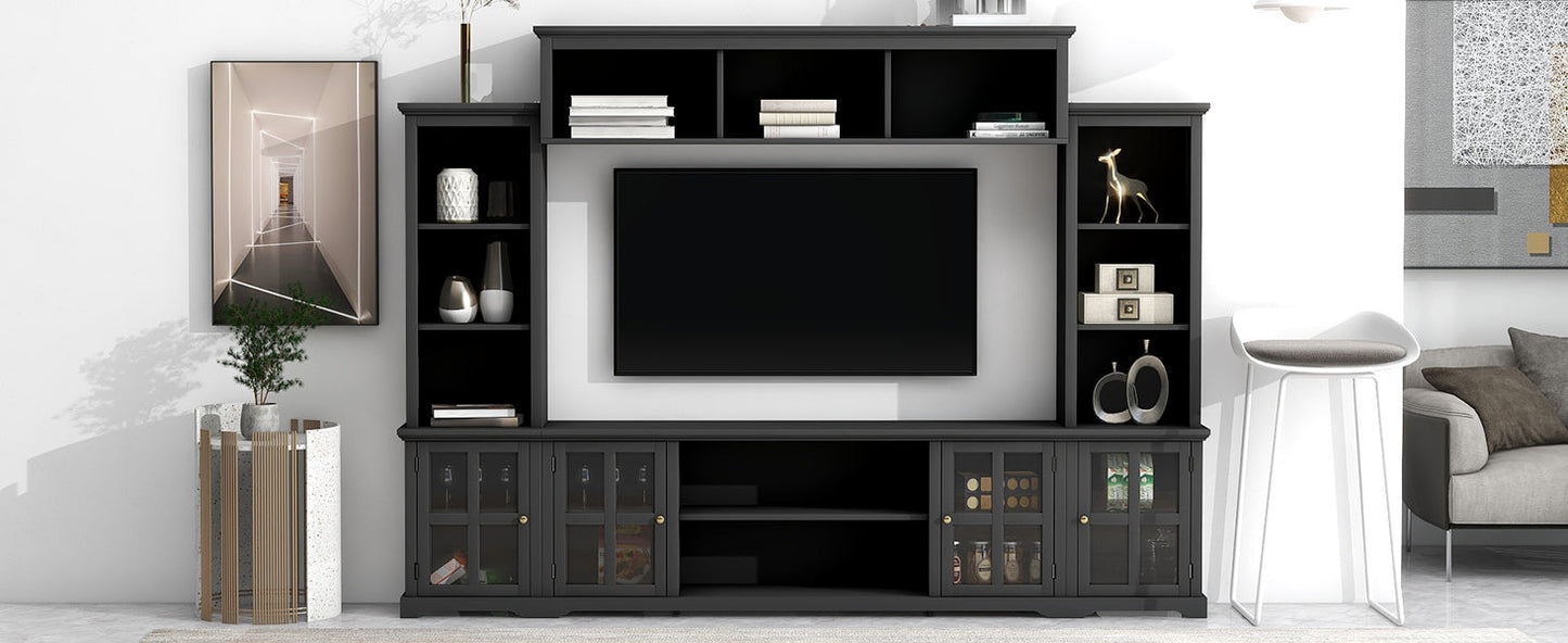 [VIDEO provided] ON-TREND Minimalism Entertainment Wall Unit with Bridge, Modern TV Console Table for TVs Up to 70', Multifunctional TV Stand with Tempered Glass Door, Black (Old SKU: SD000009AAB)