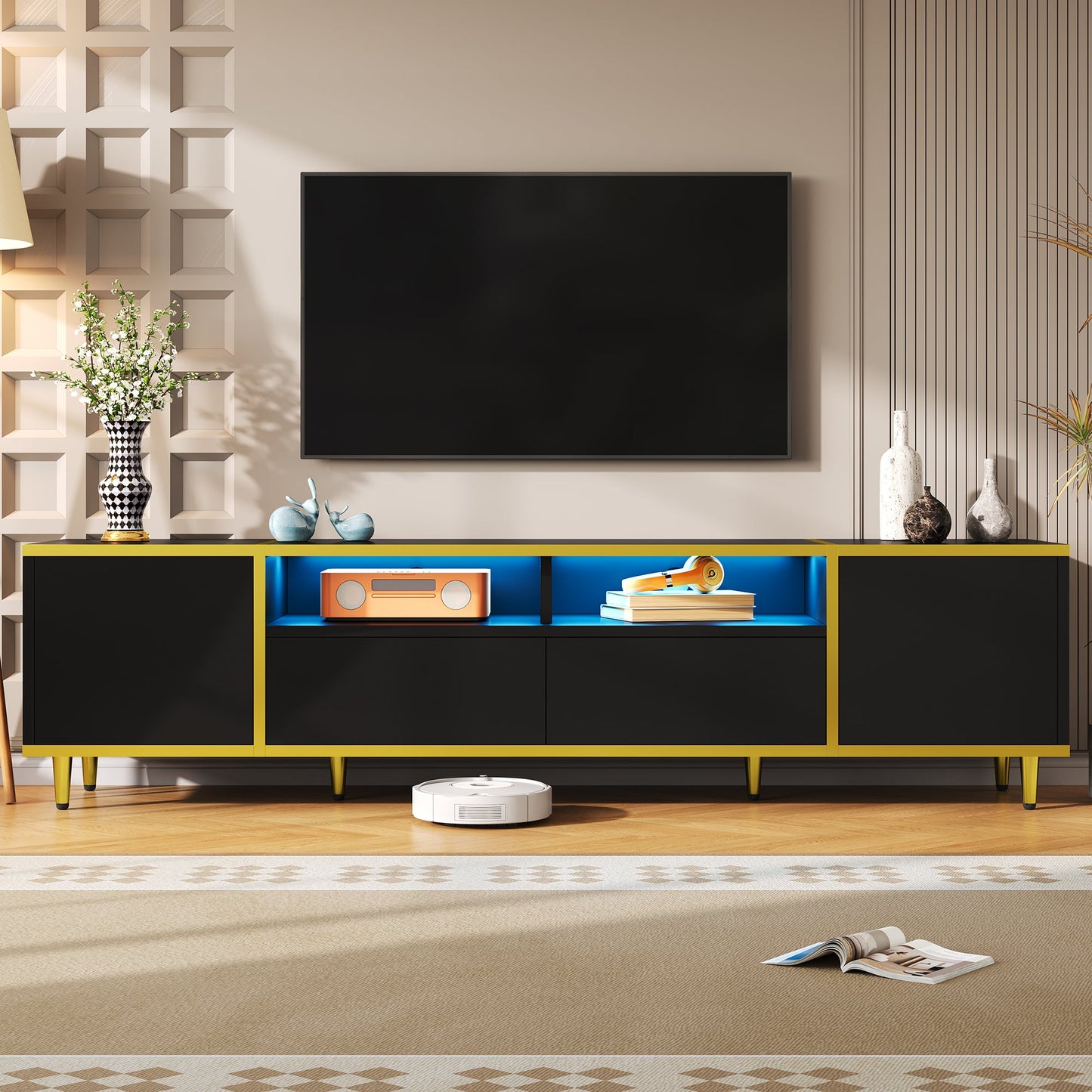 U-Can 70.9'' Modern TV Stand for TVs up to 80 Inches, Entertainment Center with 2 Shelves and LED Lights, TV Storage Cabinet with 2 Drawers, 2 Cabinets and Metal Legs for Living room