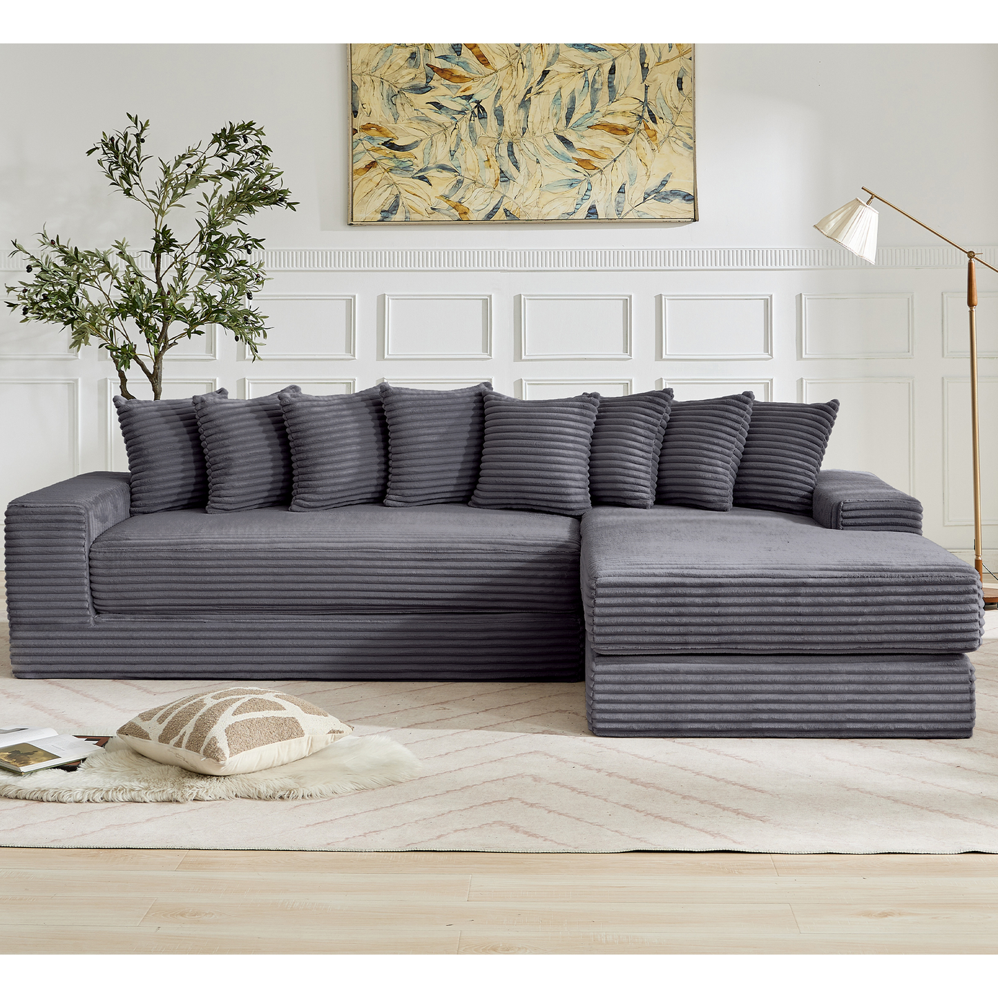 [NEW ARRIVED] [VIDEO PROVIDED] Oversize Cloud Couch, L-Shape Sofa, Convertible Floor Sleeper Sofa Bed, No Assembly ,Eight pillows,3-in-1,Magazine bag,(Right Facing Sofa),3 Seat,Corduroy,Dark Gray