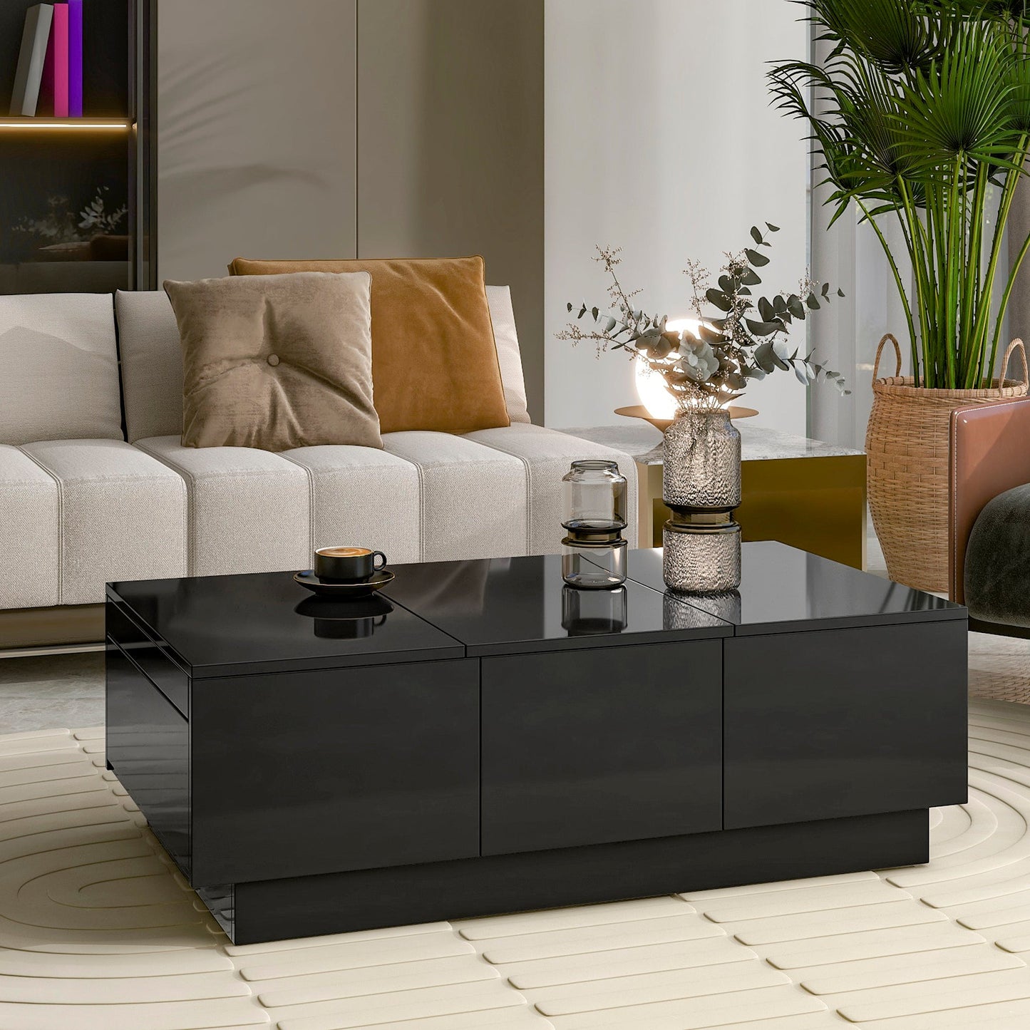 [VIDEO provided] ON-TREND Coffee Table with 2 large Hidden Storage Compartment, Extendable Cocktail Table with 2 Drawers, High-gloss Center Table with Sliding Top for Living Room, 39.3'x21.6', Black