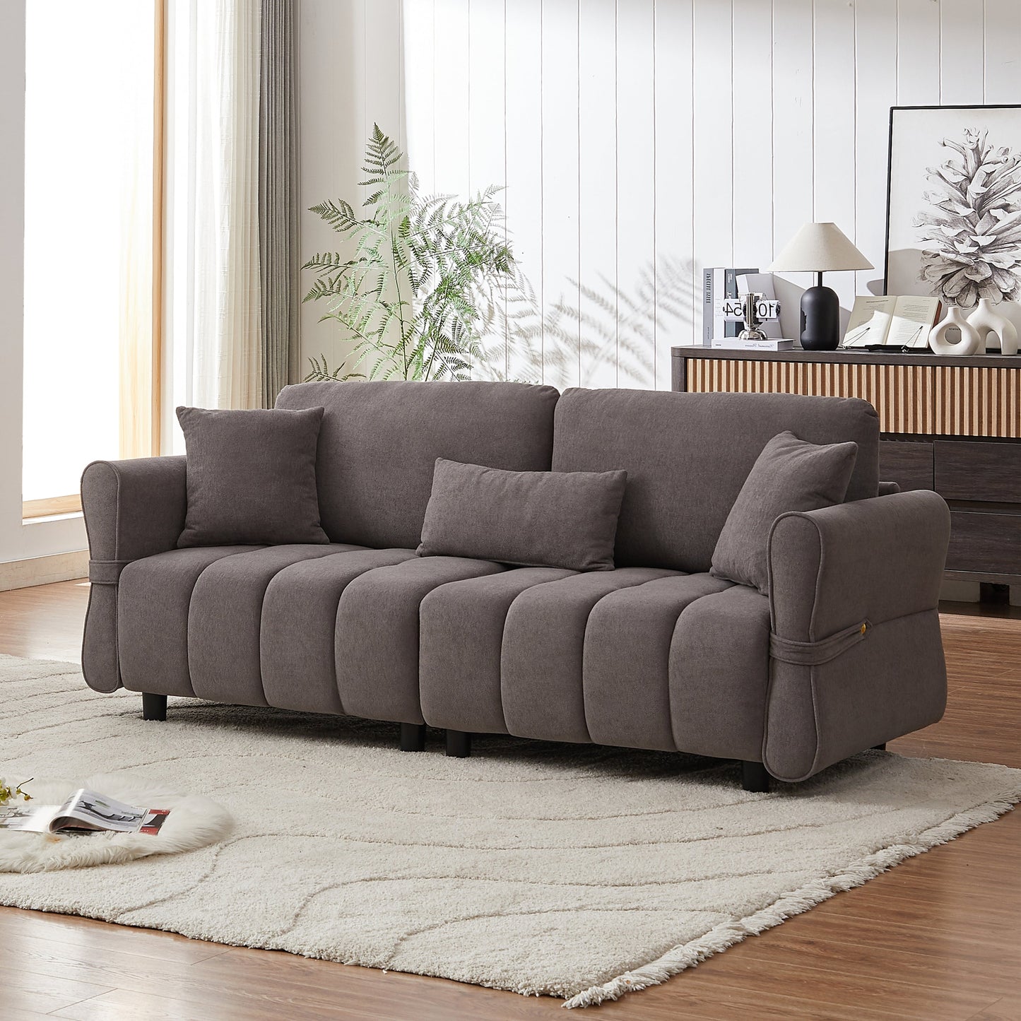 80''Premium chenille fabric sofa with 2 cushions and 1 lumbar pillow Armrest strap design,,upholstered 3-seater sofa  for living rooms, bedrooms,apartments and offices Grey