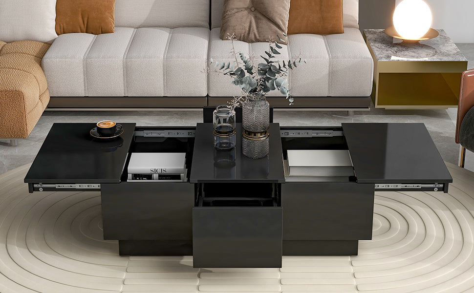 [VIDEO provided] ON-TREND Coffee Table with 2 large Hidden Storage Compartment, Extendable Cocktail Table with 2 Drawers, High-gloss Center Table with Sliding Top for Living Room, 39.3'x21.6', Black