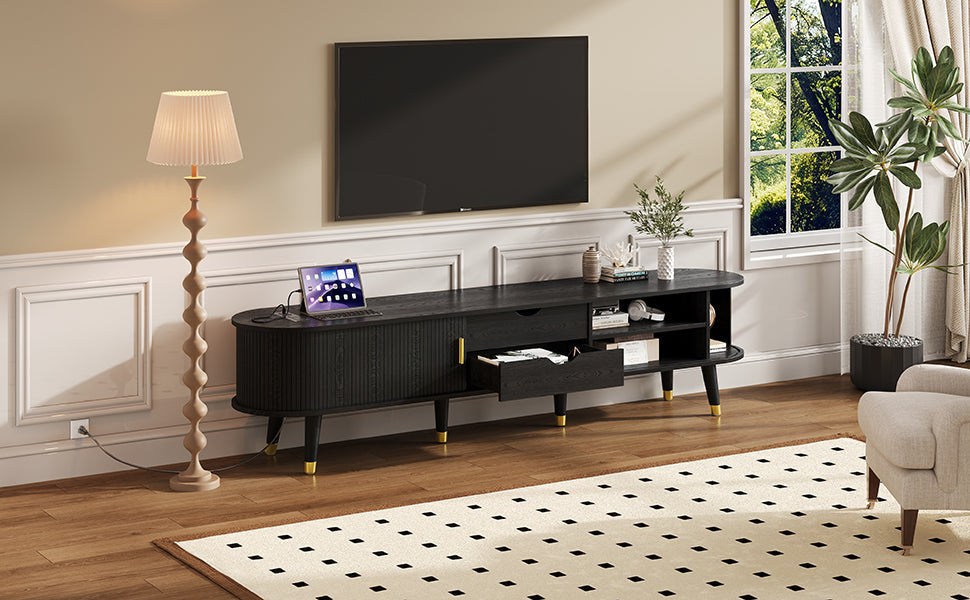 [Assembly Video]Wooden Oval Fluted TV Stand with Charging Station for TV up to 80', Mid-Century Media Console with Sliding Tambour Door, Farmhouse TV Cabinet with Golden Handle for Living Room, Black
