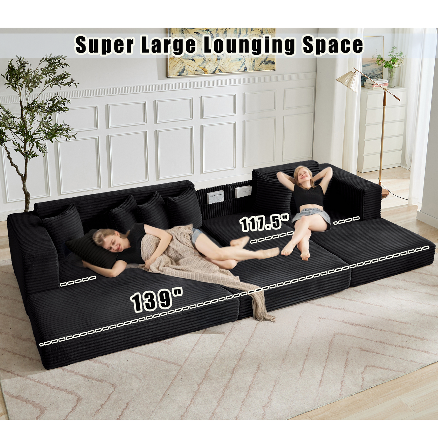 [NEW ARRIVED] [VIDEO PROVIDED] Oversize Cloud Sectional Couch, L-Shape Sofa, Convertible Floor Sleeper Sofa Bed, No Assembly,Eight pillows,3-in-1,Magazine bag,(Right Facing Sofa),3 Seat,Corduroy,Black
