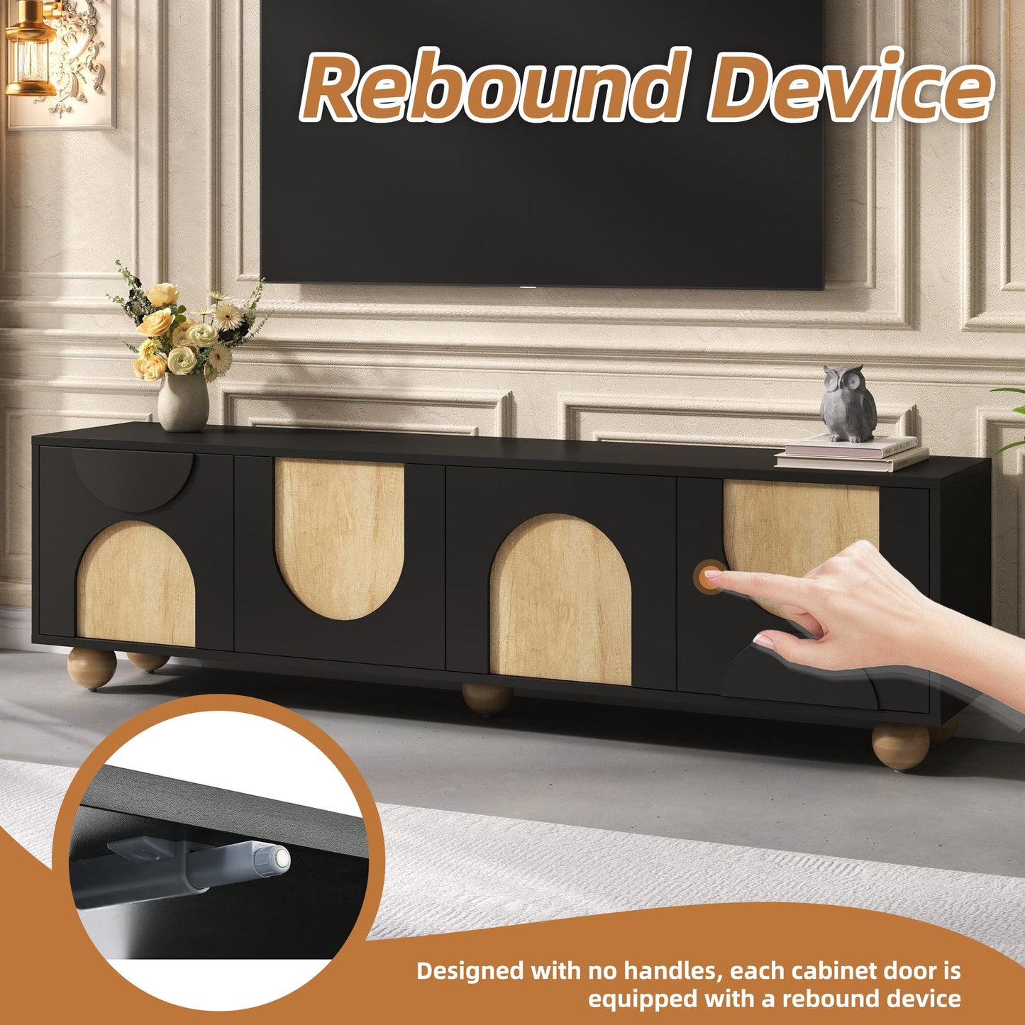Farmhouse TV Stand with Cable Holes for TVs up to 75', Cream Style Media Console with Rebound Device, Elegant Entertainment Center with 5 Solid Wood Legs for Living Room, Bedroom, Black, 69.6'W