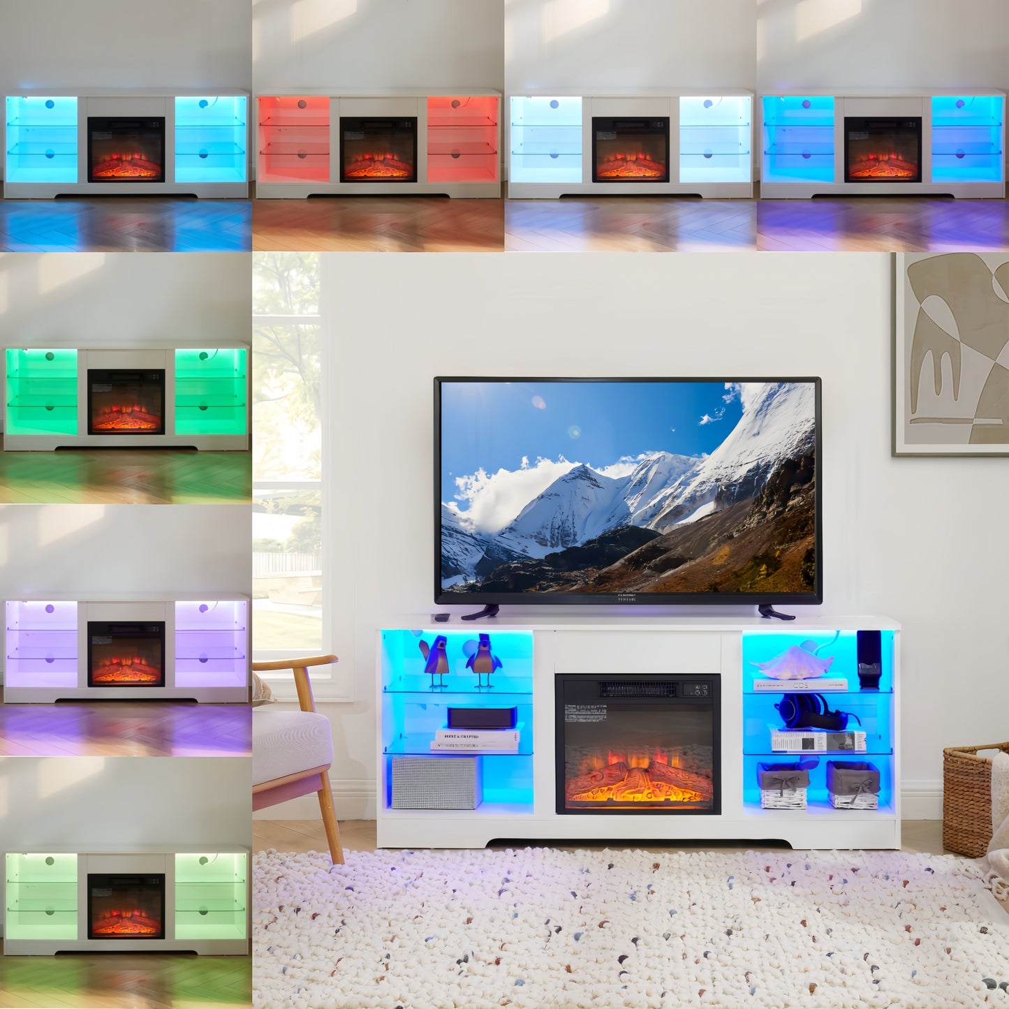 TV Stand Electric Fireplace TV Stand with Glass Shelves, 3D Fireplace TV Stand with LED Lights Wood with USB Charging Outlet Modern Television Table Center for TV up to 32-62' White 58''W*15.4''D*24.4
