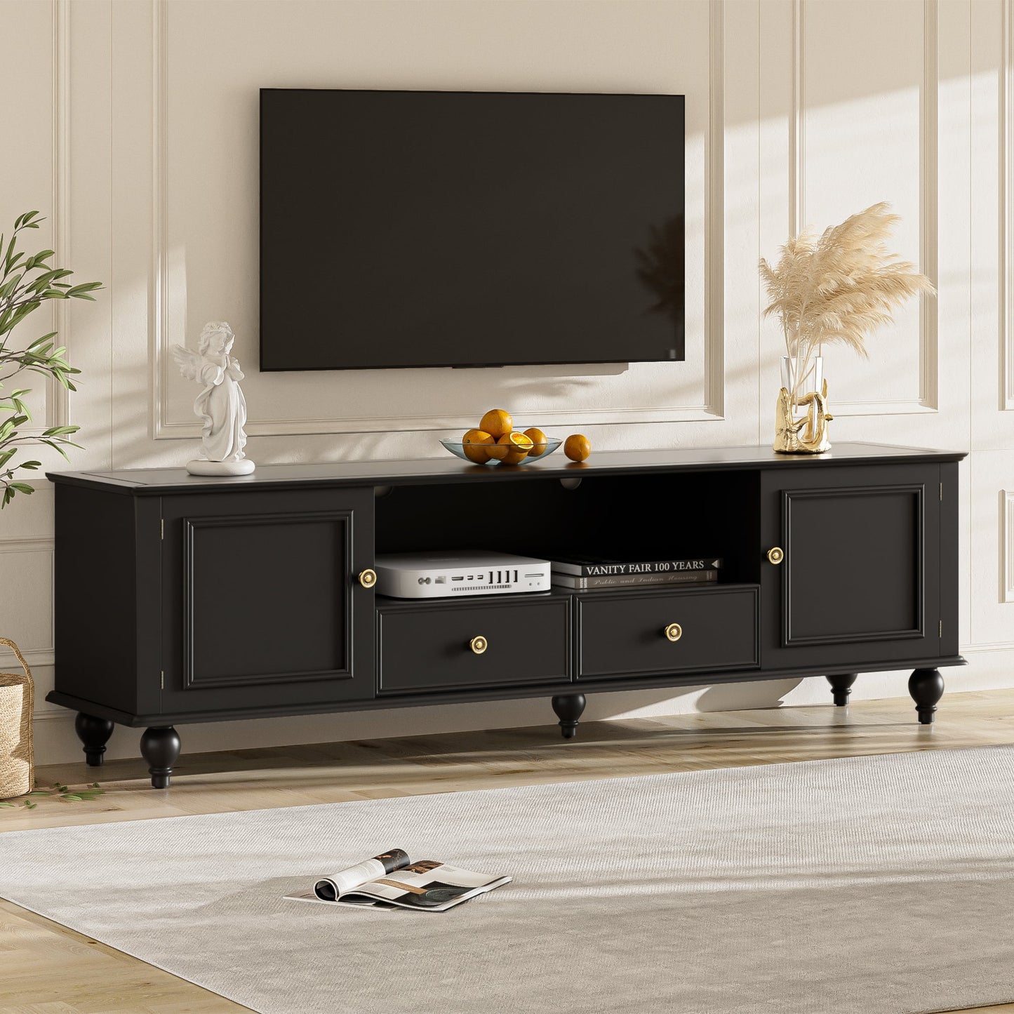 U-Can 70.9'' Modern TV Stand for TVs up to 80 Inches, Entertainment Center with Open Compartment, TV Storage Cabinet with 2 Drawers, 2 Cabinets and 5 Solid Legs for Living room