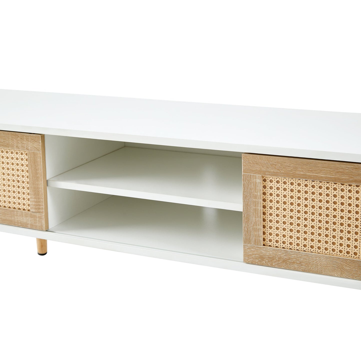 Modern Rattan TV Cabinet with Double Sliding Doors, Adjustable Shelf, Solid Wood Legs, White, 55.12 inches