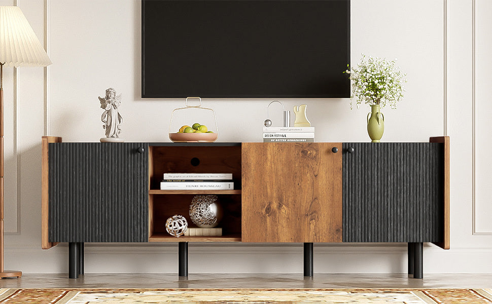Mid Century TV Stand with 3 Cabinets, Media Console Table for TVs up to 70'', Entertainment Center with Storage for Living room, Bedroom, Black Color Top Panel & Handle