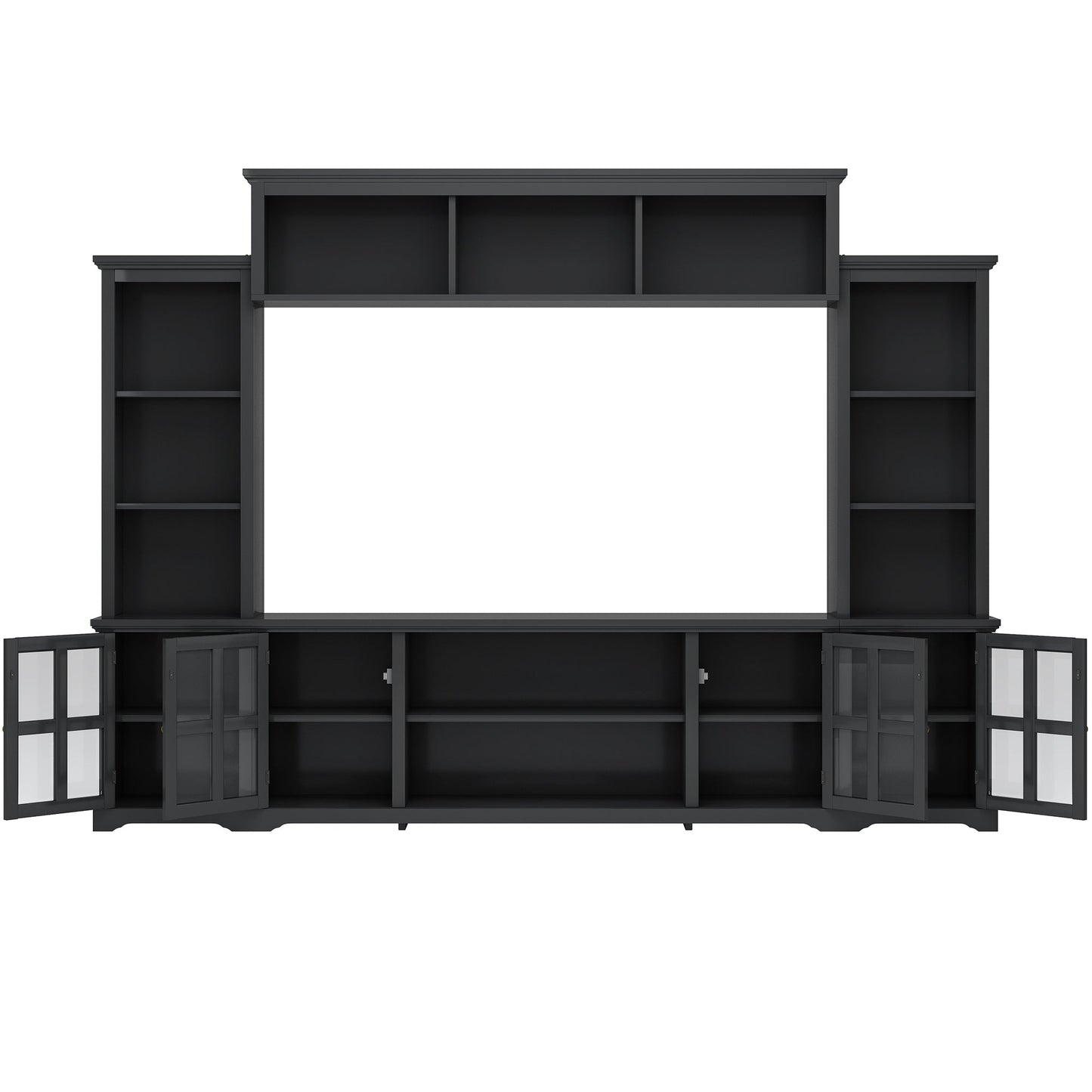 [VIDEO provided] ON-TREND Minimalism Entertainment Wall Unit with Bridge, Modern TV Console Table for TVs Up to 70', Multifunctional TV Stand with Tempered Glass Door, Black (Old SKU: SD000009AAB)
