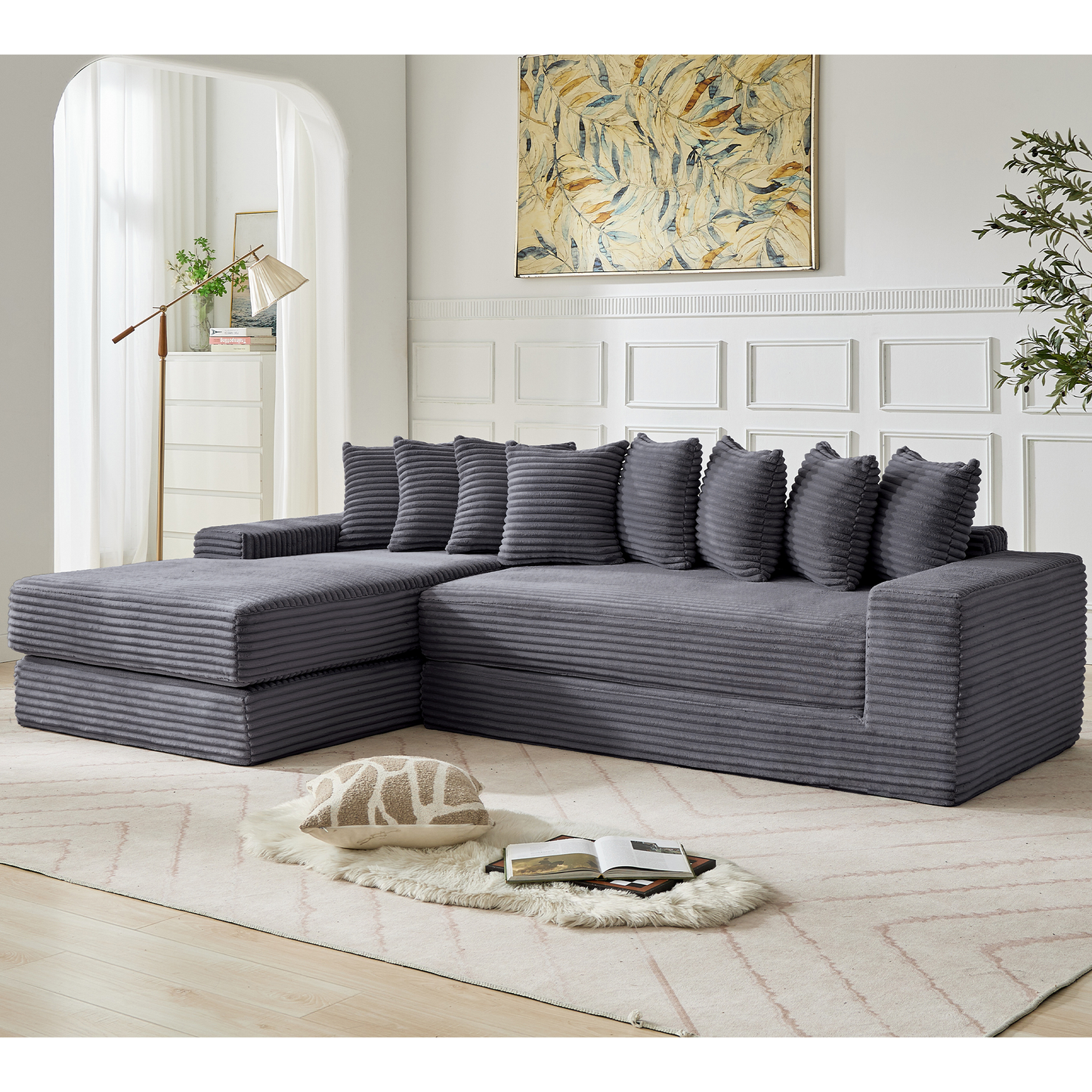 [NEW ARRIVED] [VIDEO PROVIDED] Oversize Cloud Couch, L-Shape Sofa, Convertible Floor Sleeper Sofa Bed, No Assembly ,Eight pillows,3-in-1,Side Pocket,(Left Facing Sofa),3 Seat,Corduroy,Dark Gray