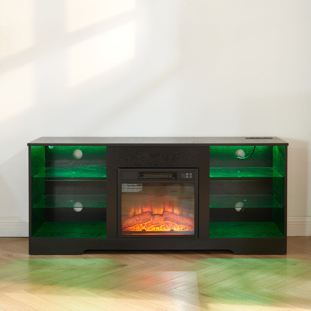 TV Stand Electric Fireplace TV Stand with Glass Shelves, 3D Fireplace TV Stand with LED Lights Wood with USB Charging Outlet Modern Television Table Center for TV up to 32-62' Black 58''W*15.4''D*24.4
