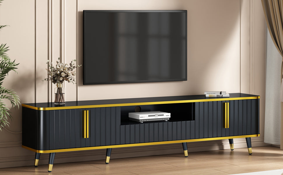 ON-TREND Luxury Minimalism TV Stand with Open Storage Shelf for TVs Up to 85', Entertainment Center with Cabinets and Drawers, Practical Media Console with Unique Legs for Living Room, Black