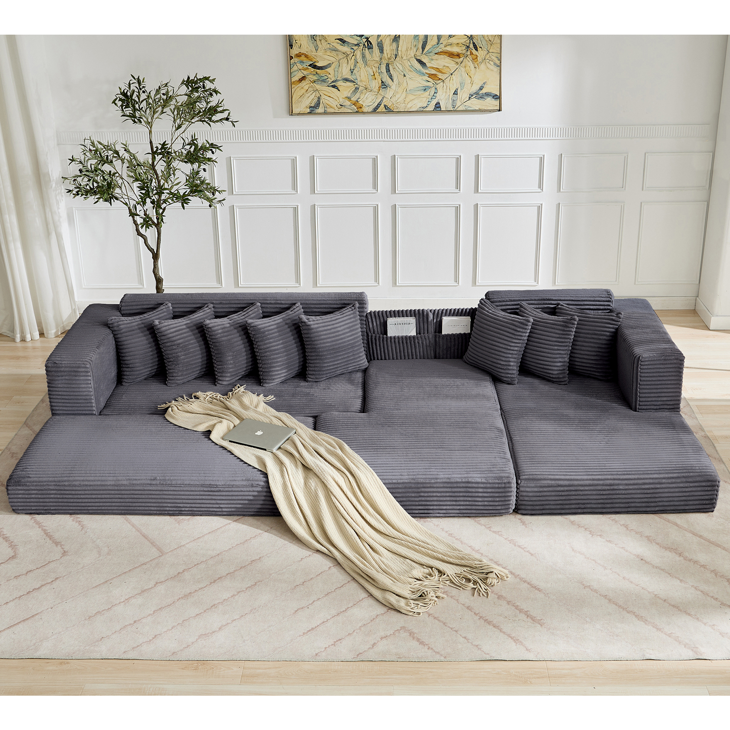 [NEW ARRIVED] [VIDEO PROVIDED] Oversize Cloud Couch, L-Shape Sofa, Convertible Floor Sleeper Sofa Bed, No Assembly ,Eight pillows,3-in-1,Magazine bag,(Right Facing Sofa),3 Seat,Corduroy,Dark Gray