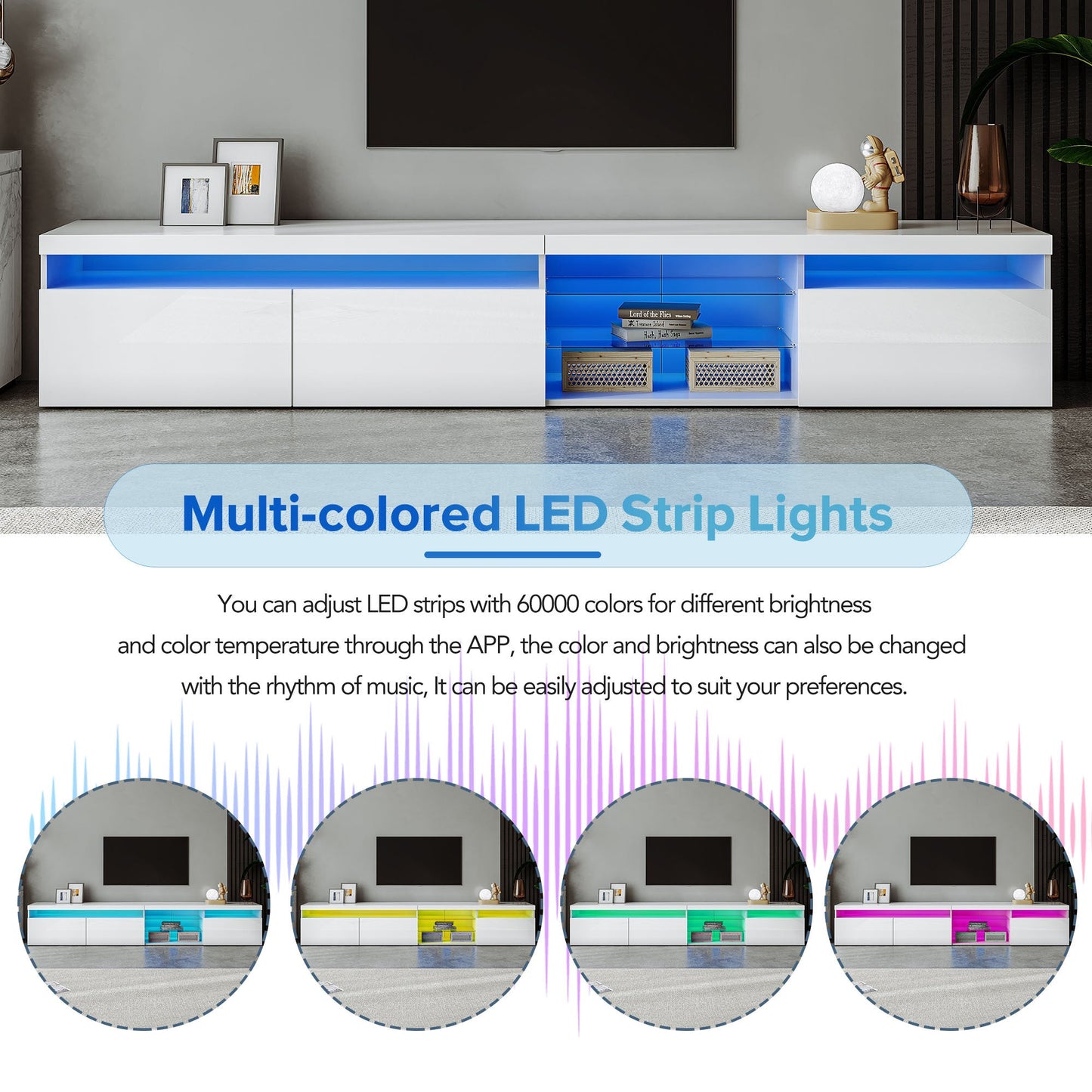 ON-TREND Unique Design TV Stand with 2 Glass Shelves, Ample Storage Space Media Console for TVs Up to 105', Versatile TV Cabinet with LED Color Changing Lights for Living Room, White