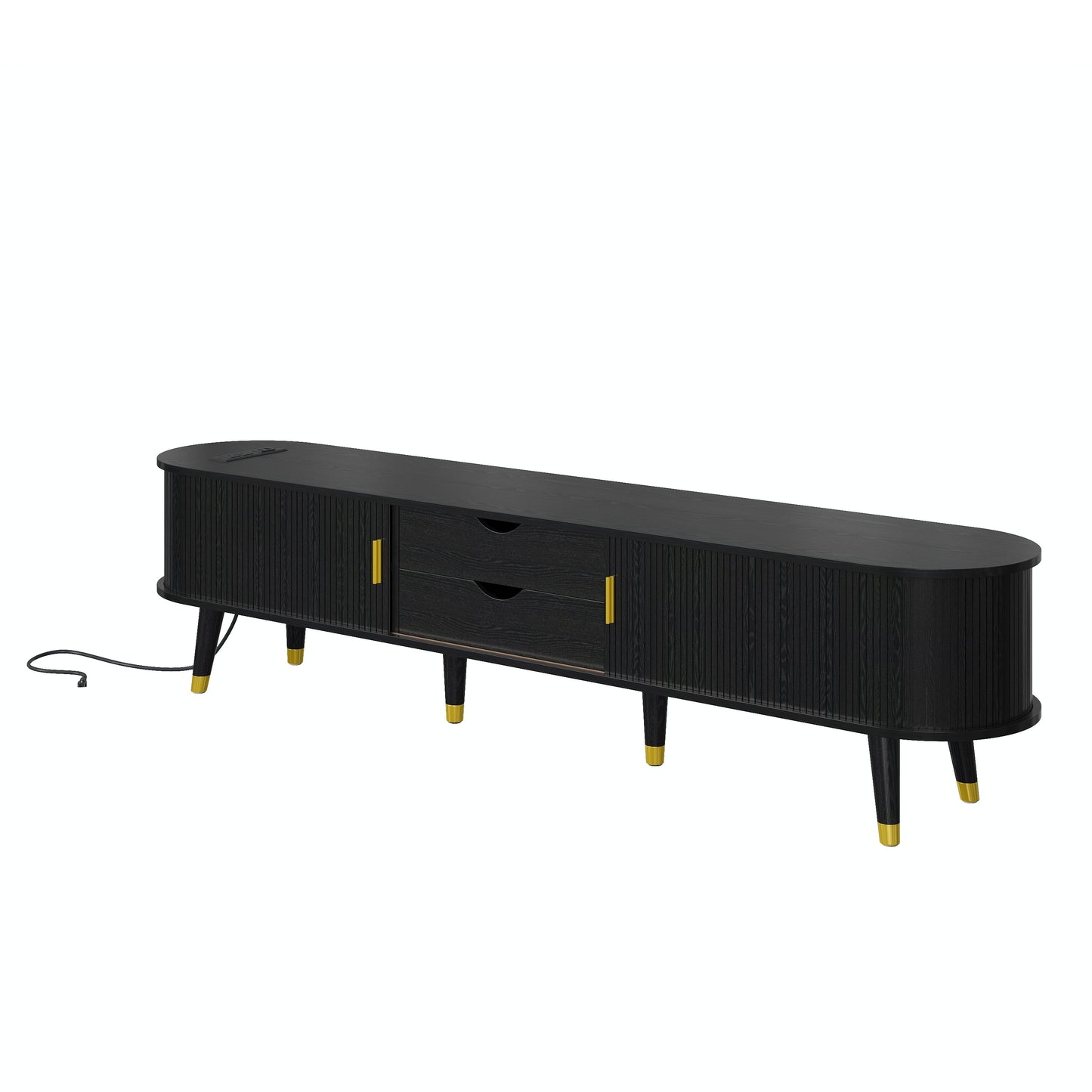 [Assembly Video]Wooden Oval Fluted TV Stand with Charging Station for TV up to 80', Mid-Century Media Console with Sliding Tambour Door, Farmhouse TV Cabinet with Golden Handle for Living Room, Black