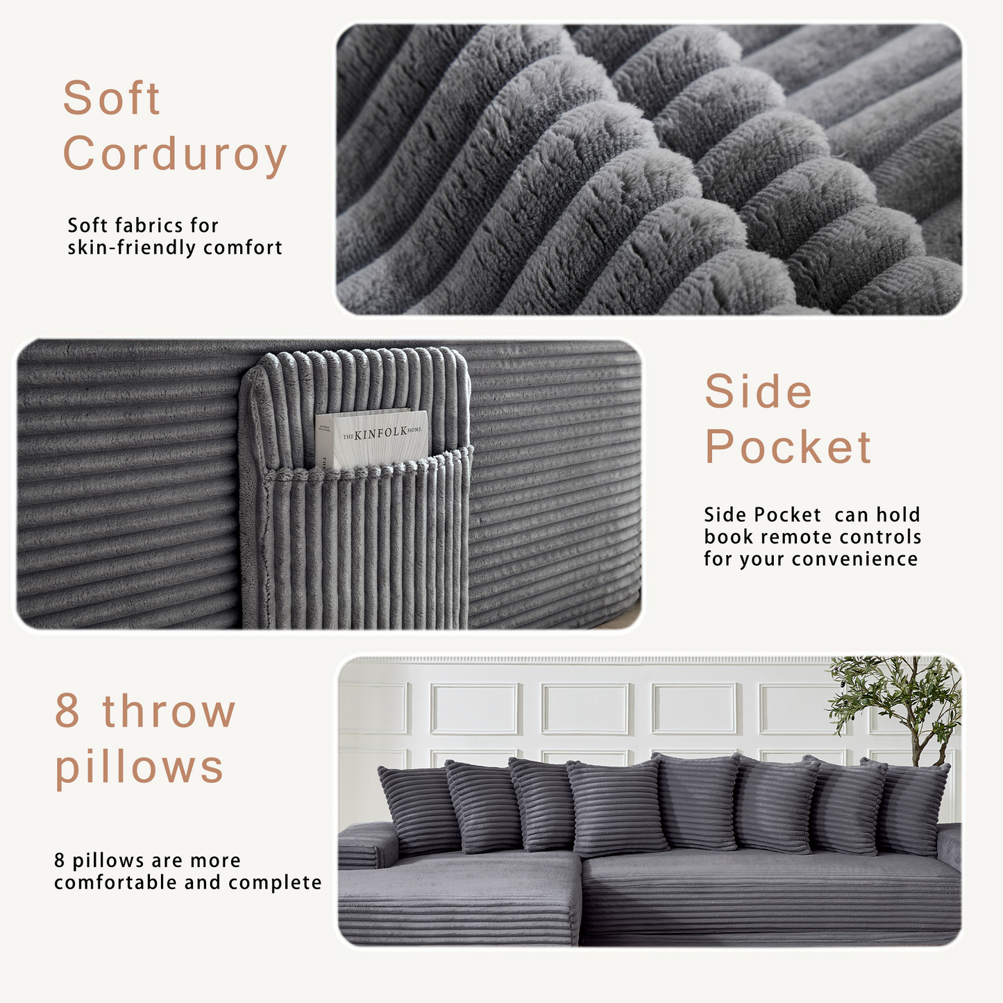 [NEW ARRIVED] [VIDEO PROVIDED] Oversize Cloud Couch, L-Shape Sofa, Convertible Floor Sleeper Sofa Bed, No Assembly ,Eight pillows,3-in-1,Magazine bag,(Right Facing Sofa),3 Seat,Corduroy,Dark Gray
