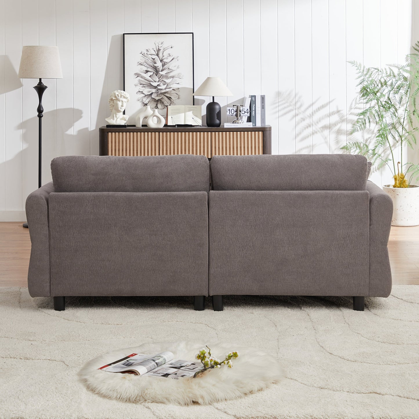 80''Premium chenille fabric sofa with 2 cushions and 1 lumbar pillow Armrest strap design,,upholstered 3-seater sofa  for living rooms, bedrooms,apartments and offices Grey