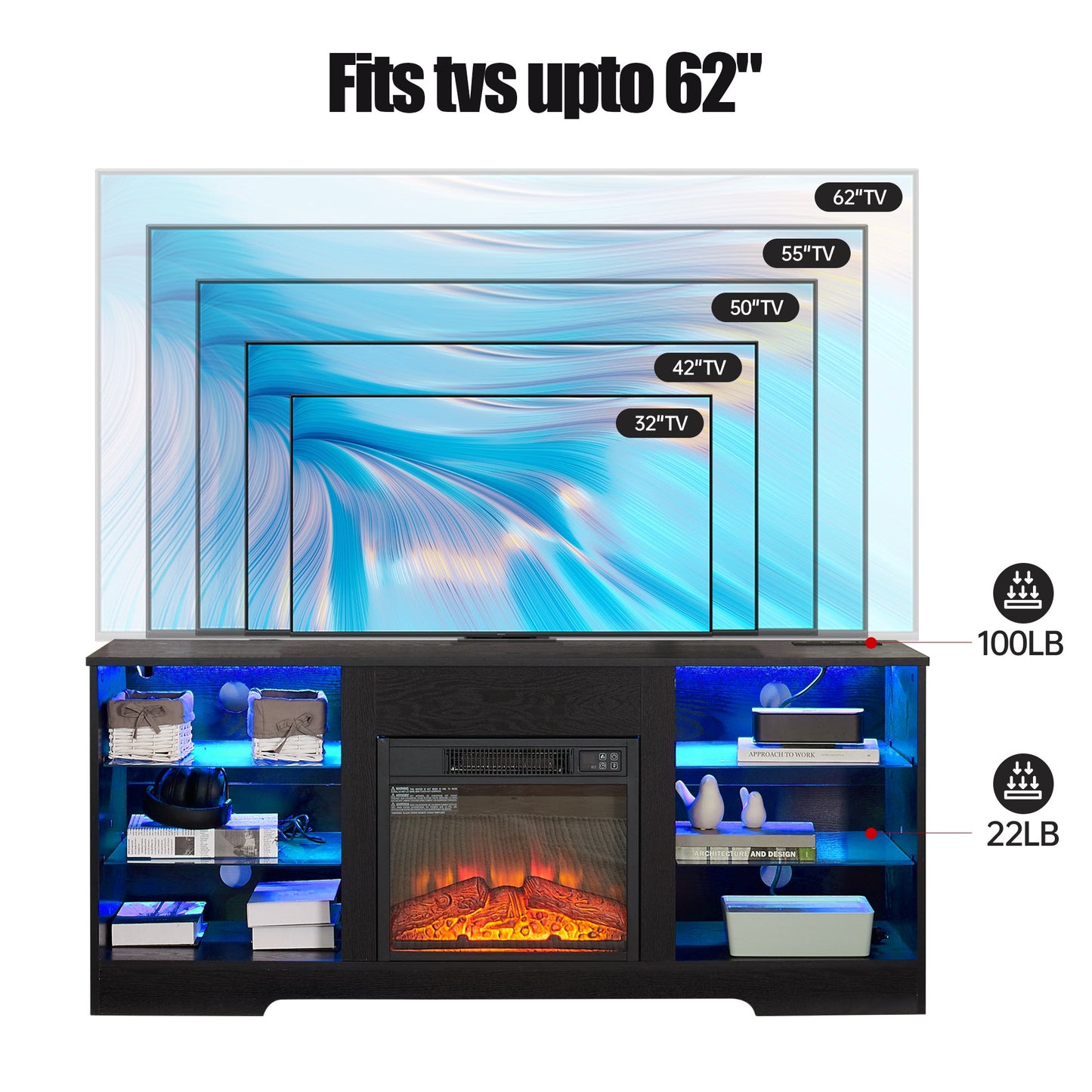TV Stand Electric Fireplace TV Stand with Glass Shelves, 3D Fireplace TV Stand with LED Lights Wood with USB Charging Outlet Modern Television Table Center for TV up to 32-62' Black 58''W*15.4''D*24.4