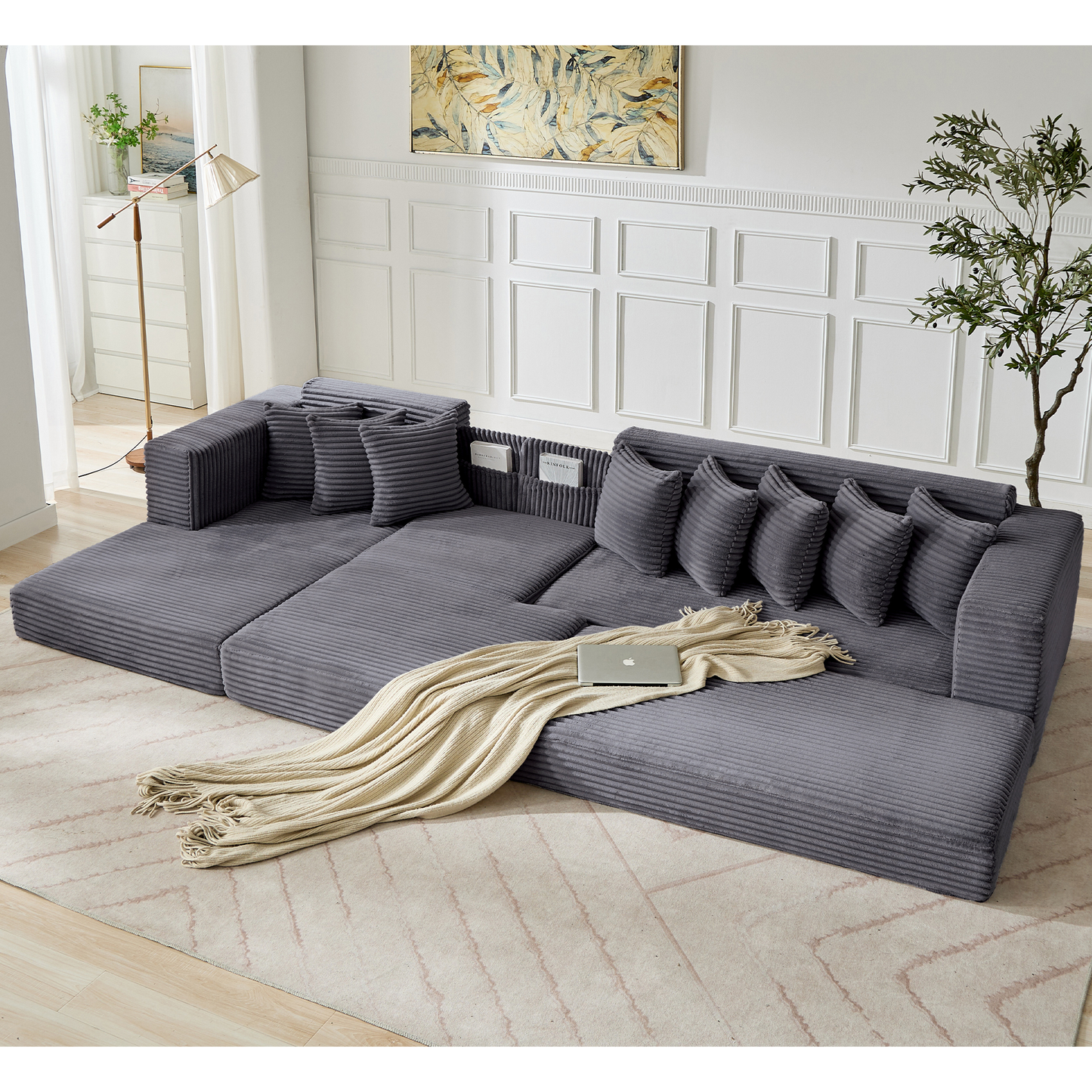 [NEW ARRIVED] [VIDEO PROVIDED] Oversize Cloud Couch, L-Shape Sofa, Convertible Floor Sleeper Sofa Bed, No Assembly ,Eight pillows,3-in-1,Side Pocket,(Left Facing Sofa),3 Seat,Corduroy,Dark Gray