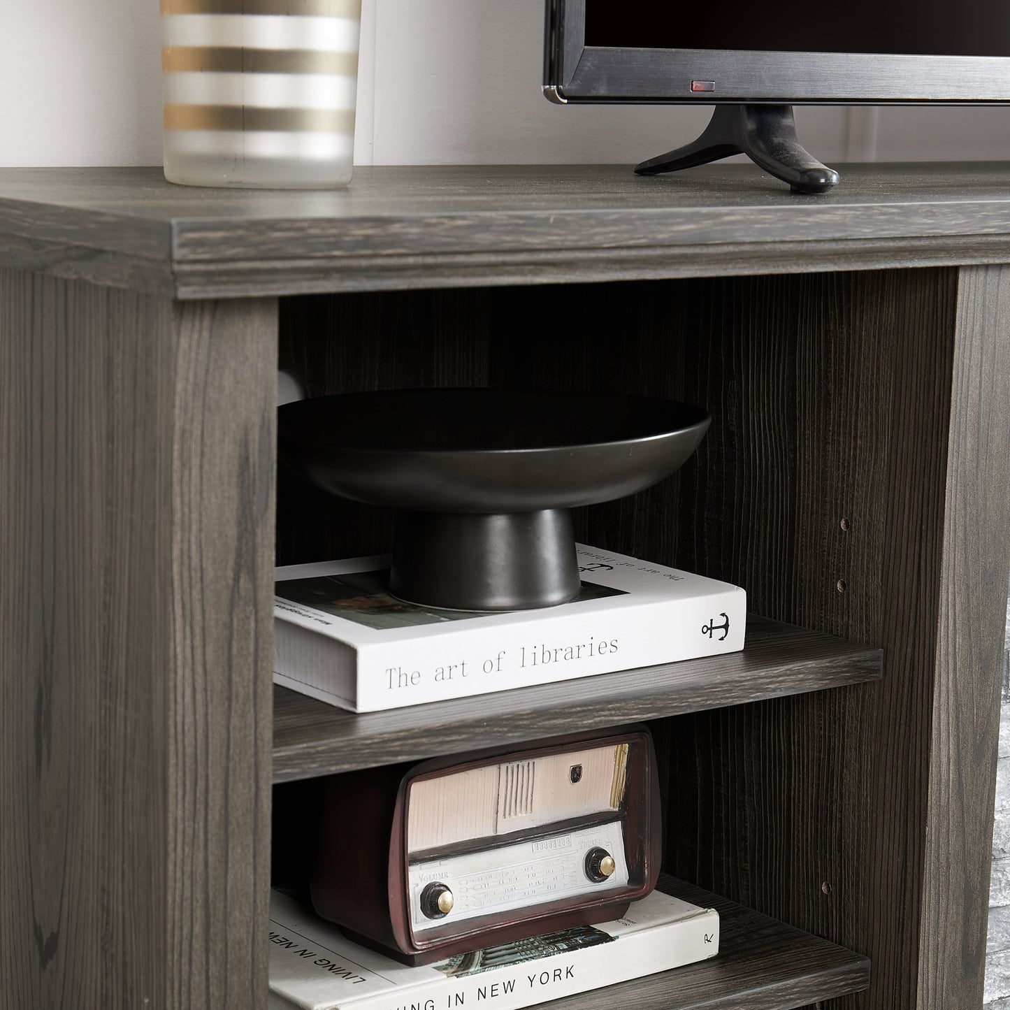 Large TV Stand TV Desk Storage Rack with Faux Stacked Stone Surround,Media Console Table with Large Storage Cabinet,Modern TV Media Entertaionment Stand,GREY, 70.12'W*15.35'D*25.83'H