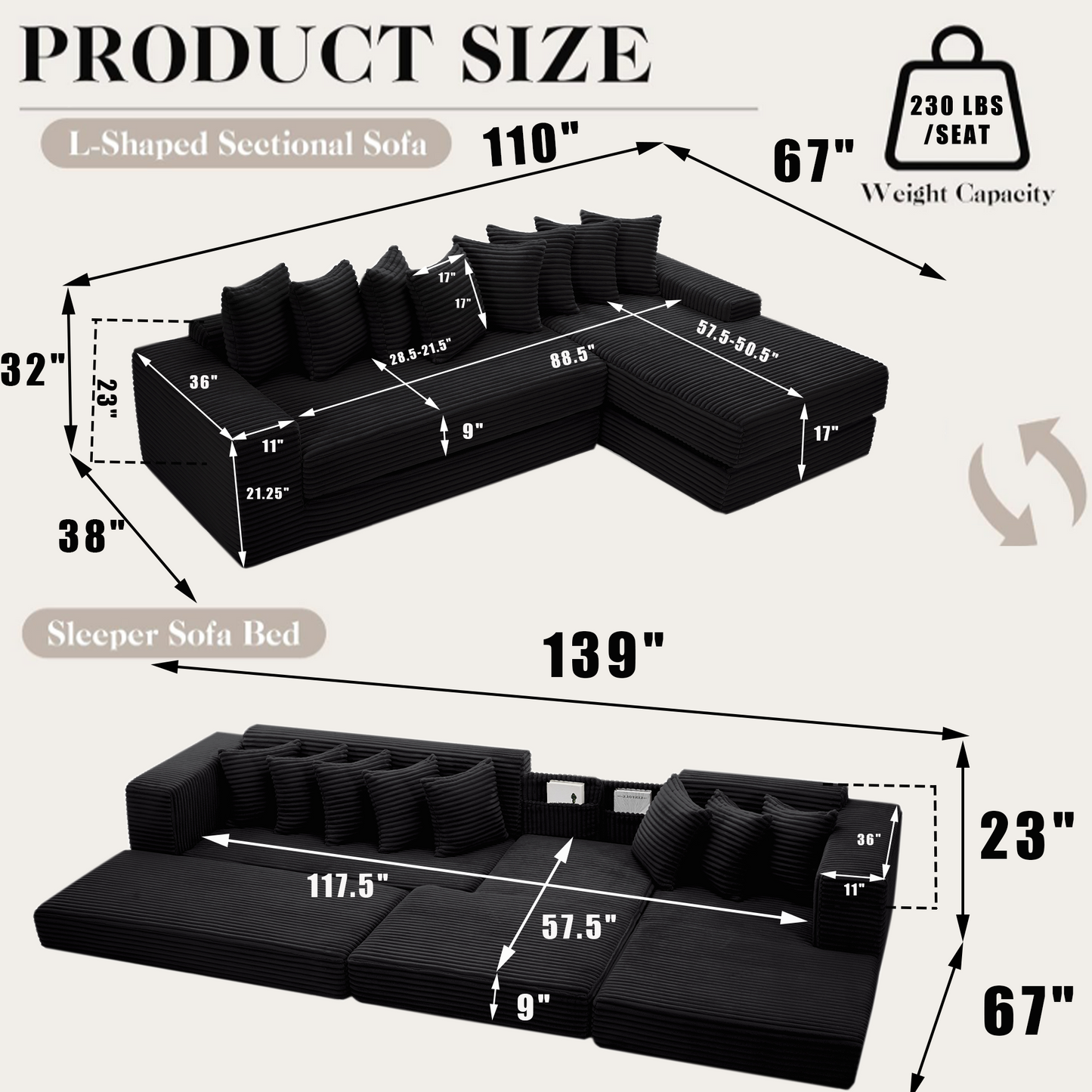 [NEW ARRIVED] [VIDEO PROVIDED] Oversize Cloud Sectional Couch, L-Shape Sofa, Convertible Floor Sleeper Sofa Bed, No Assembly,Eight pillows,3-in-1,Magazine bag,(Right Facing Sofa),3 Seat,Corduroy,Black