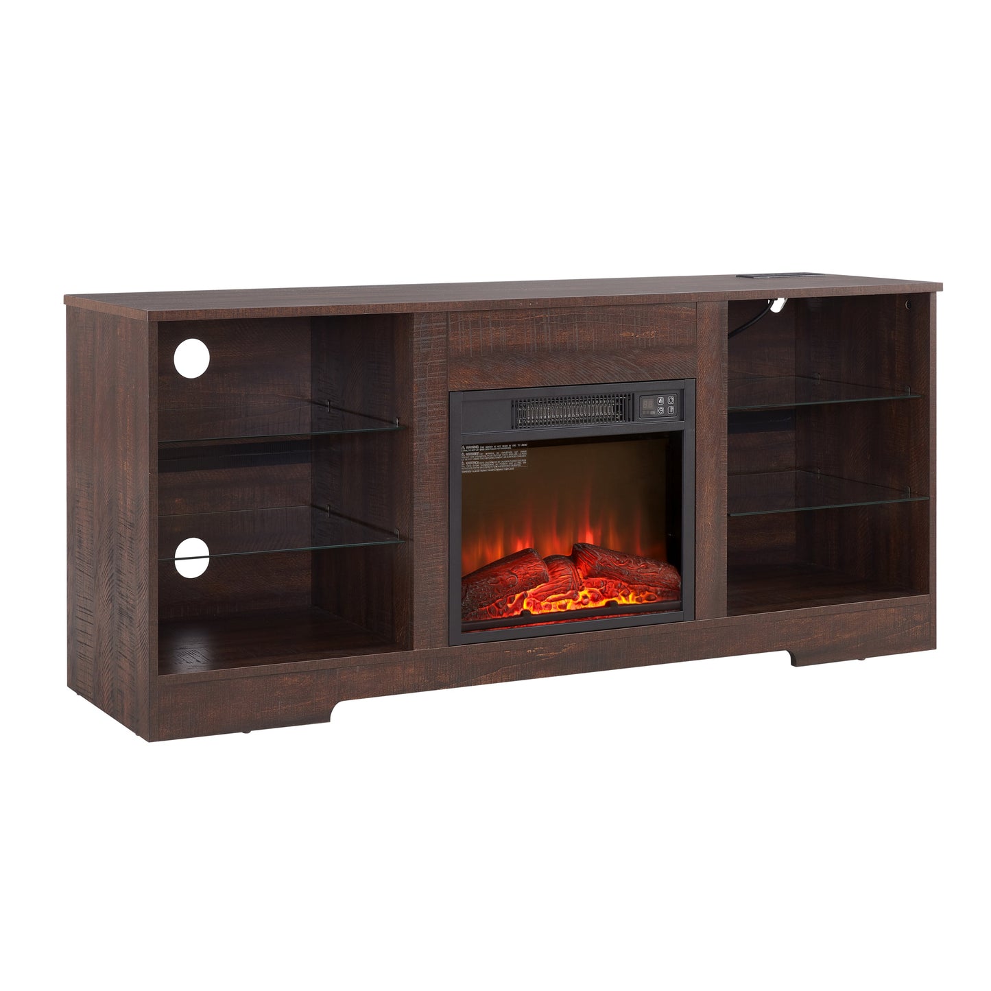 TV Stand Electric Fireplace  Glass Shelves, 3D Fireplace TV Stand with LED Lights Wood with USB Charging Outlet Modern Television Table Center for TV up to 62' ESP, 58''W*15.5''D*24.4