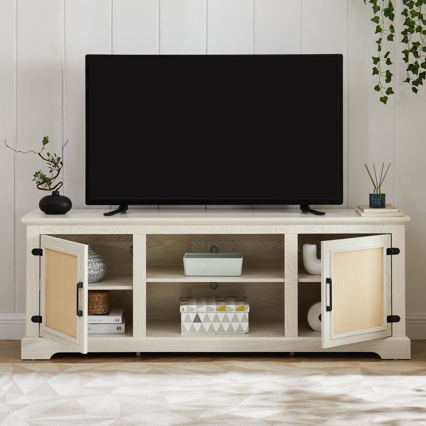 Farmhouse Rattan TV Stand Console Table for TVs up to 70 Inches, TV Console Table with 2 Storage Shelves, 2 Natural Rattan Door Cabinets,65'W*15.55'D*23.86'H, White