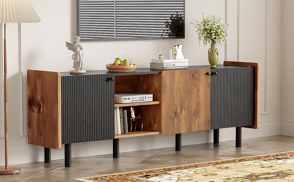 Mid Century TV Stand with 3 Cabinets, Media Console Table for TVs up to 70'', Entertainment Center with Storage for Living room, Bedroom, Black Color Top Panel & Handle