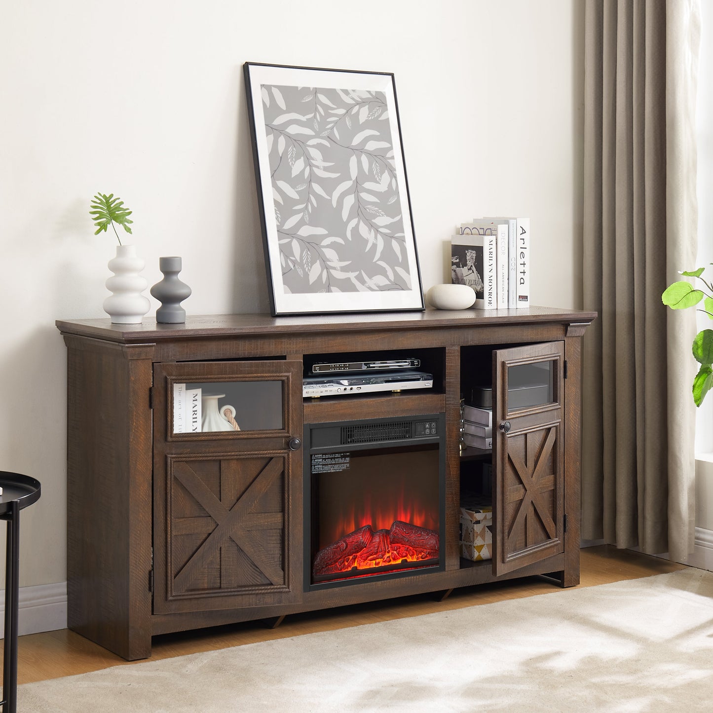 2 Doors Cabinet Farmhouse  Cabinet, Farmhouse TV Stand Barn Design,Farmhouse TV Media Stand, Large Barn Inspired Home Entertainment Console with 18' fireplace insert,Espresso,60.23'W*15.35'D*31.7'H