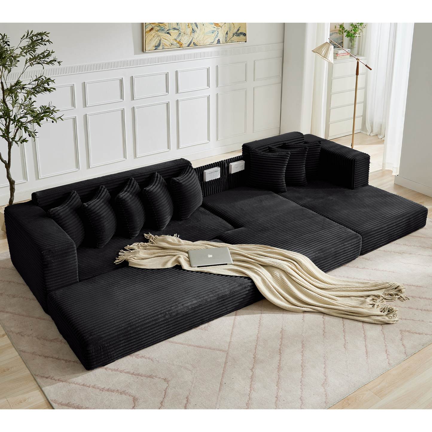 [NEW ARRIVED] [VIDEO PROVIDED] Oversize Cloud Sectional Couch, L-Shape Sofa, Convertible Floor Sleeper Sofa Bed, No Assembly,Eight pillows,3-in-1,Magazine bag,(Right Facing Sofa),3 Seat,Corduroy,Black