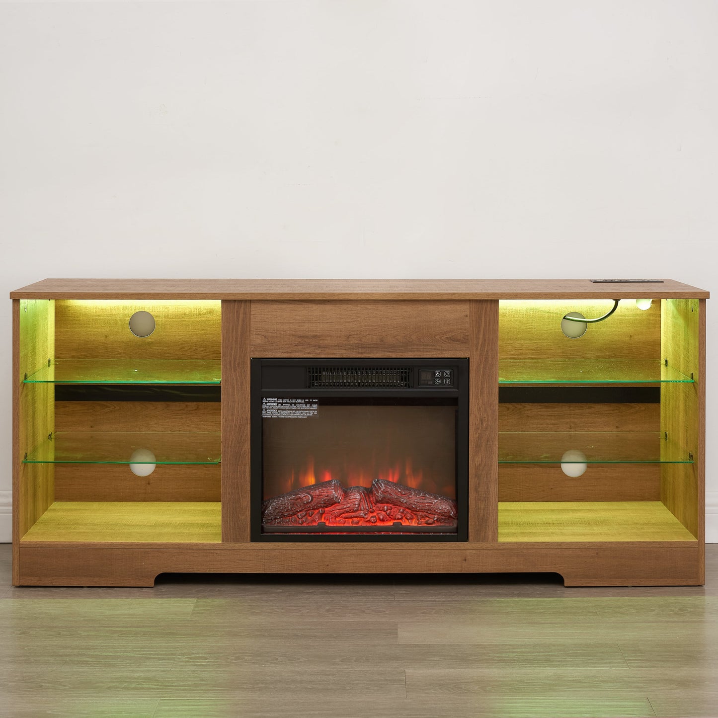 TV Stand Electric Fireplace TV Stand with Glass Shelves, 3D Fireplace TV Stand with LED Lights Wood with USB Charging Outlet Modern Television Table Center for TV up to 32-62' OAK 58'W*15.4''D*24.4