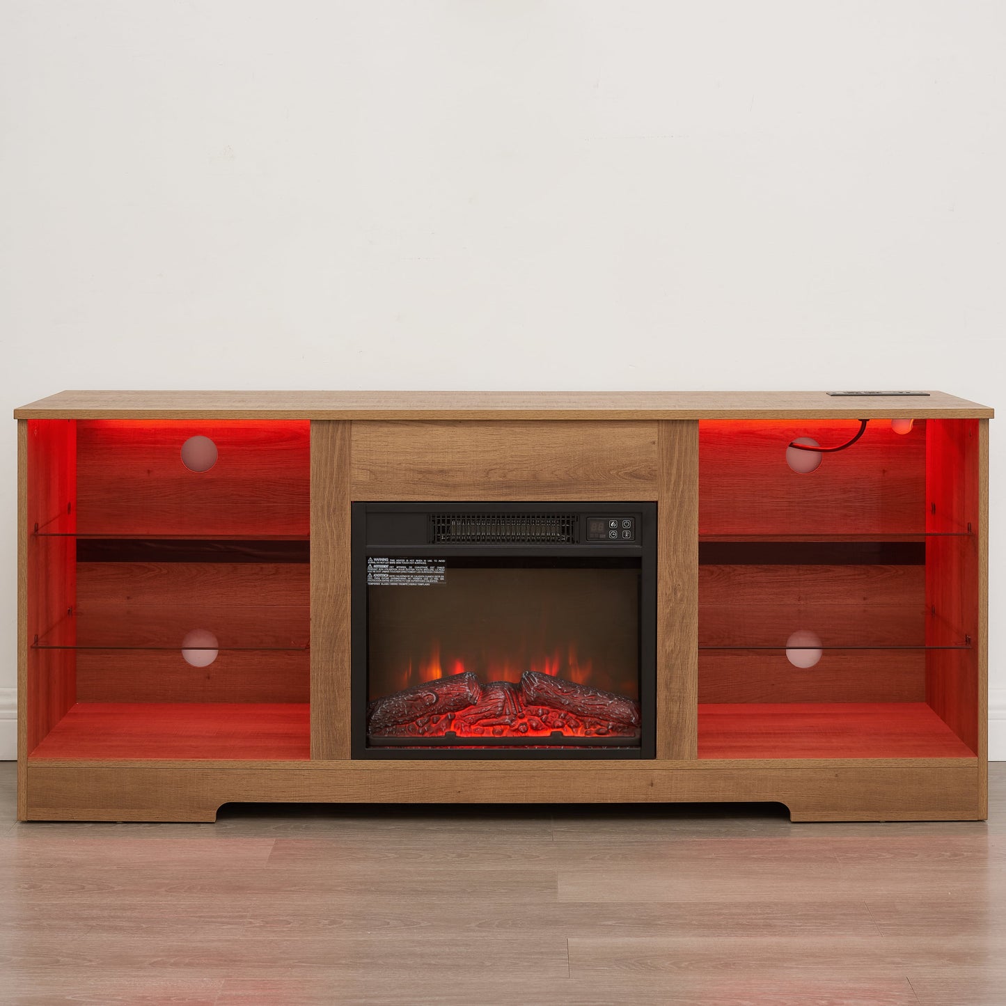 TV Stand Electric Fireplace TV Stand with Glass Shelves, 3D Fireplace TV Stand with LED Lights Wood with USB Charging Outlet Modern Television Table Center for TV up to 32-62' OAK 58'W*15.4''D*24.4