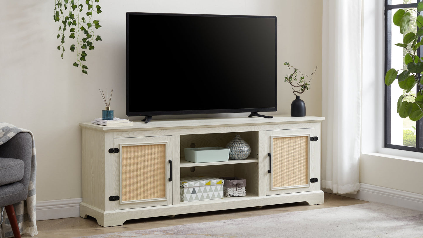 Farmhouse Rattan TV Stand Console Table for TVs up to 70 Inches, TV Console Table with 2 Storage Shelves, 2 Natural Rattan Door Cabinets,65'W*15.55'D*23.86'H, White