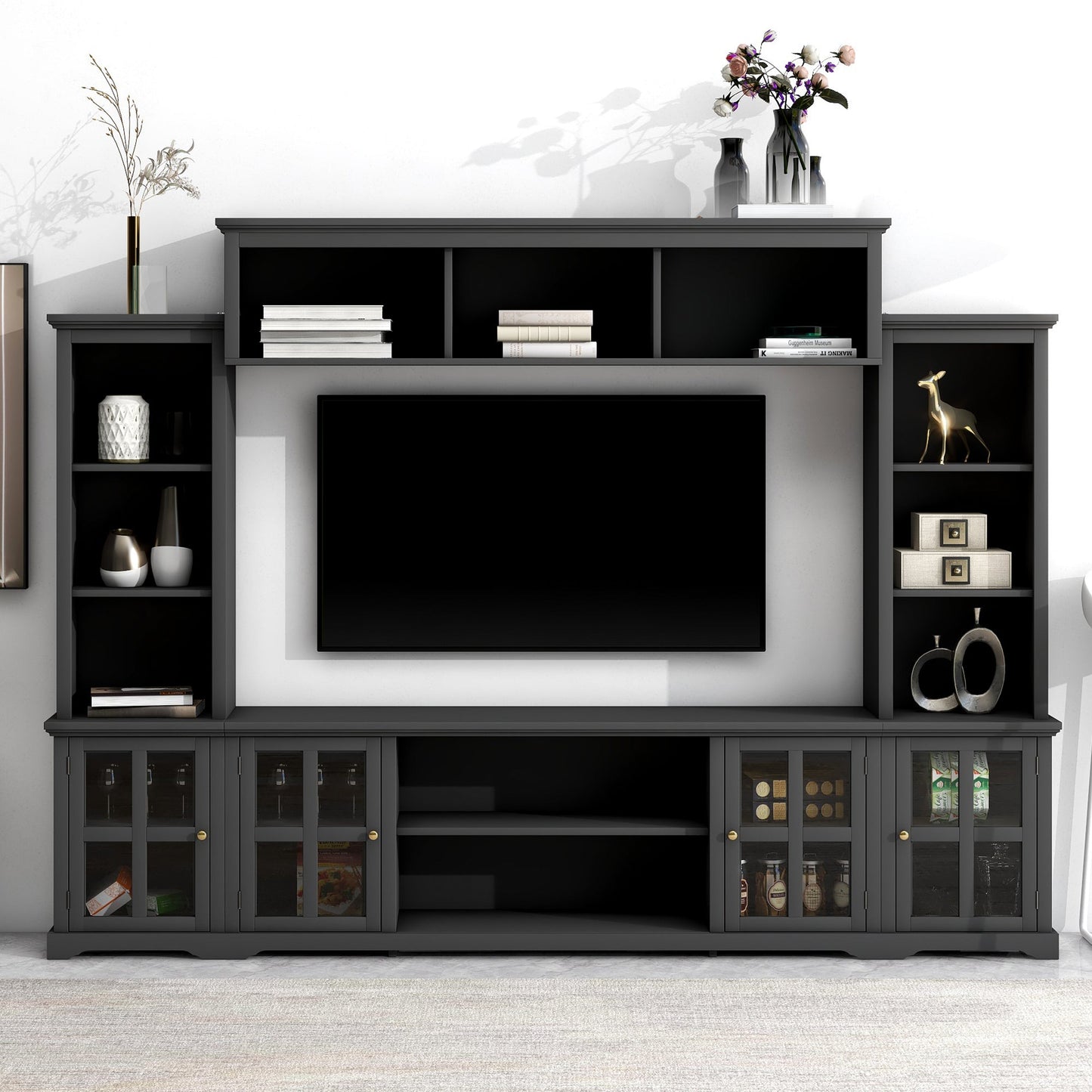 [VIDEO provided] ON-TREND Minimalism Entertainment Wall Unit with Bridge, Modern TV Console Table for TVs Up to 70', Multifunctional TV Stand with Tempered Glass Door, Black (Old SKU: SD000009AAB)