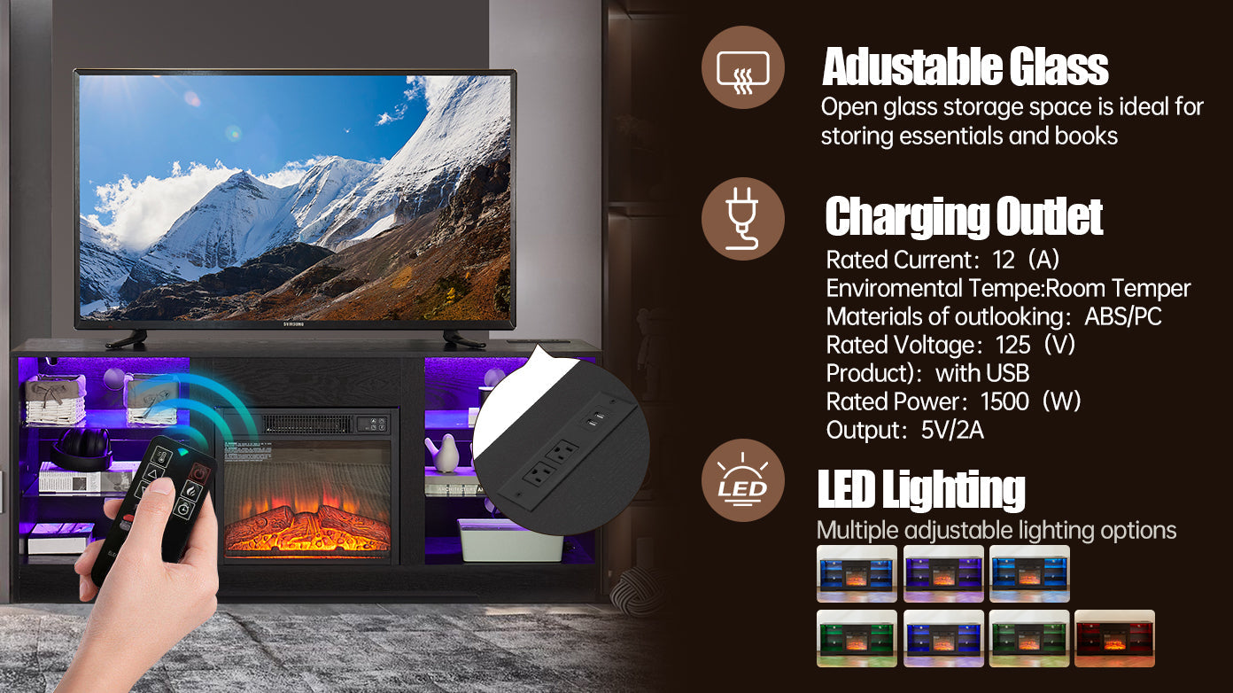 TV Stand Electric Fireplace TV Stand with Glass Shelves, 3D Fireplace TV Stand with LED Lights Wood with USB Charging Outlet Modern Television Table Center for TV up to 32-62' Black 58''W*15.4''D*24.4