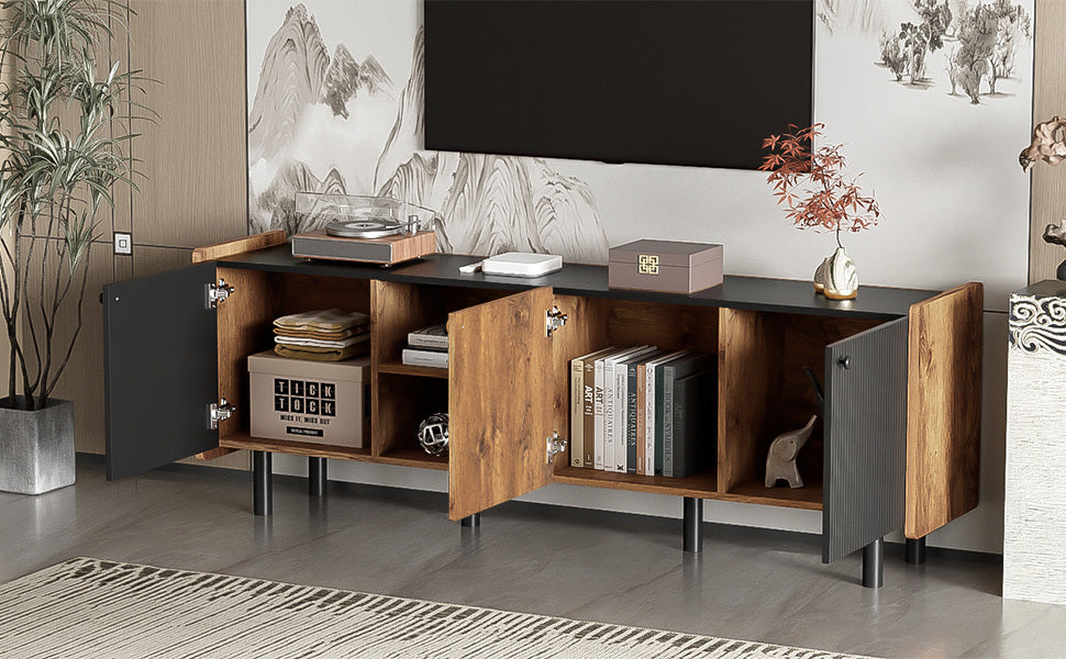 Mid Century TV Stand with 3 Cabinets, Media Console Table for TVs up to 70'', Entertainment Center with Storage for Living room, Bedroom, Black Color Top Panel & Handle