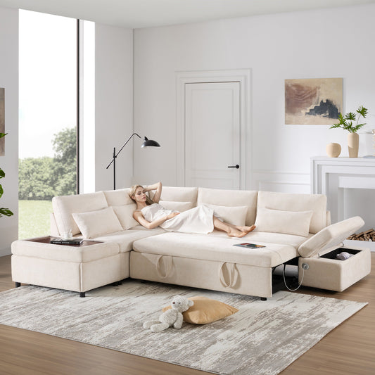 [VIDEO] 107'' Modular Sectional Pull-out Sofa, L shape with Wide Seats, Free Movement Storage Ottoman, Free Combination, Oversize Chenille Sofa for Living Room & Apartment, 2 colors