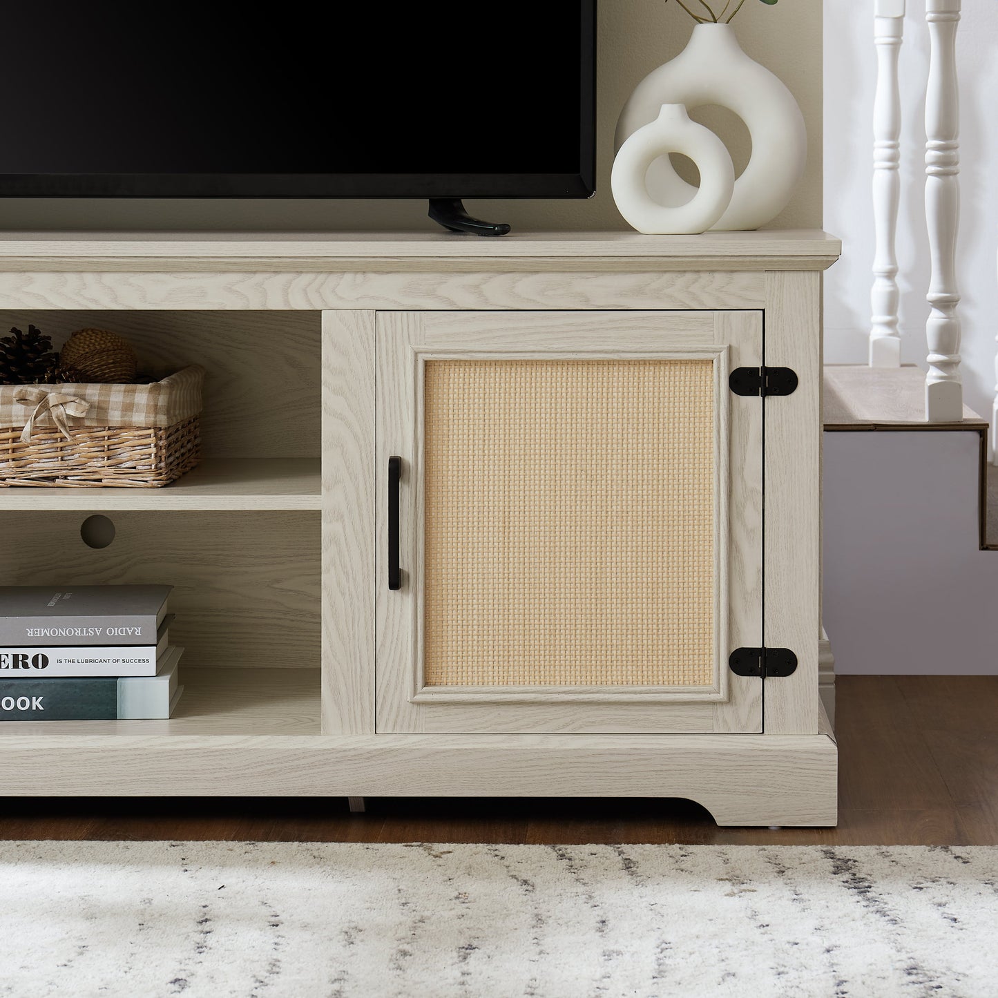 Farmhouse Rattan TV Stand Console Table for TVs up to 70 Inches, TV Console Table with 2 Storage Shelves, 2 Natural Rattan Door Cabinets,65'W*15.55'D*23.86'H, White