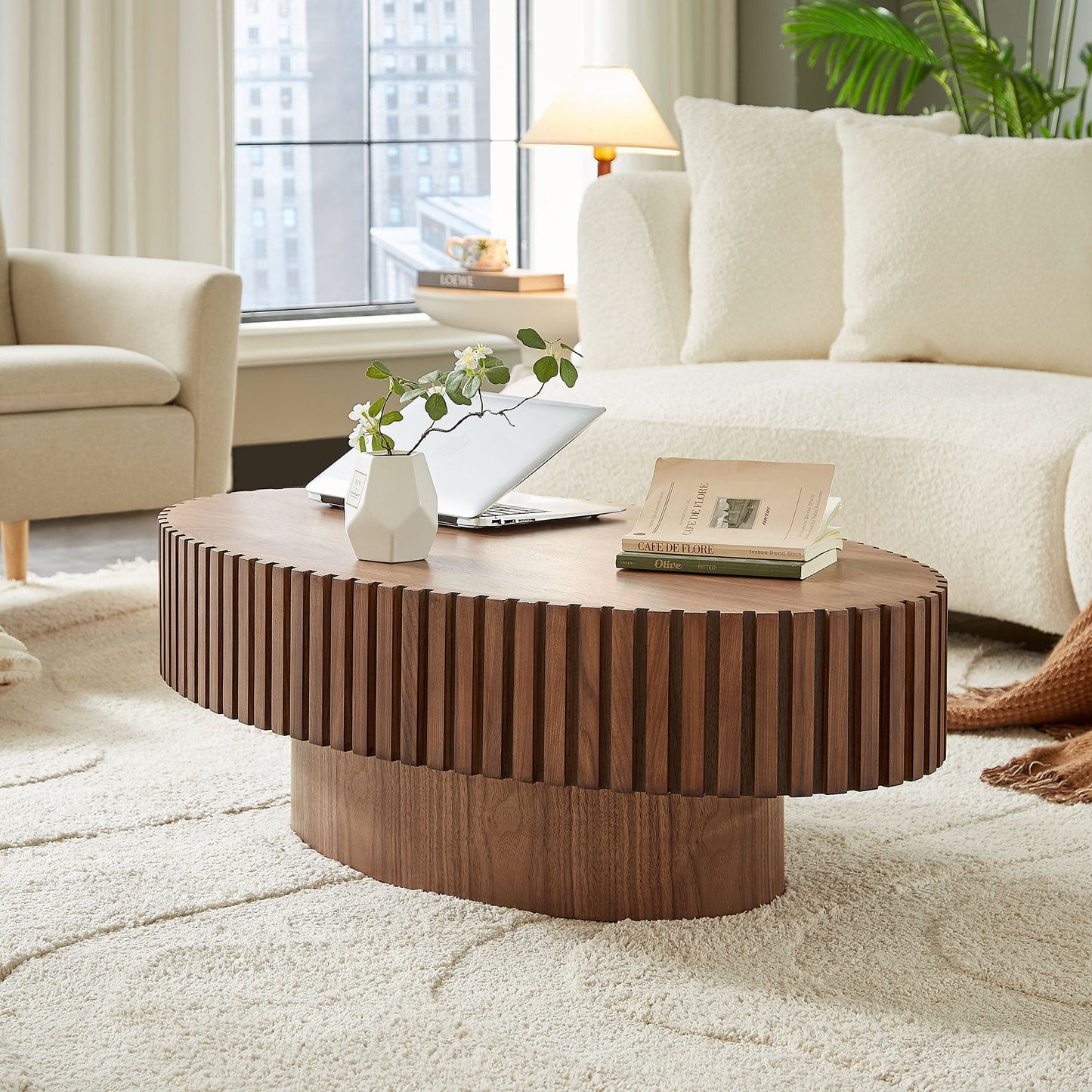 Modern Handcraft Drum Coffee Table Length 43.7 inch Ellipse Coffee Table for Living Room,Oval Small Coffee Table with Sturdy Pedestal,Walnut MDF