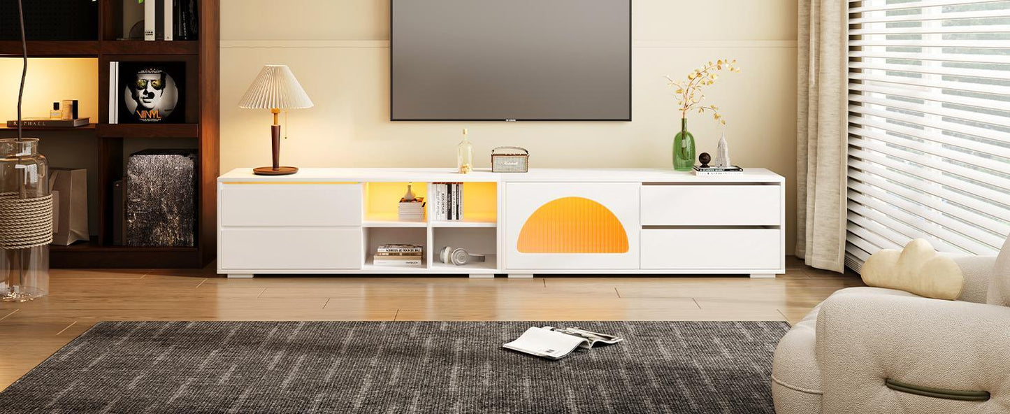 ON-TREND Modern TV Stand with Fluted Glass Door for TVs Up to 100', Media Console with Sliding Door & 2 Drawers, Free-Combination Entertainment Center with LED Light for Living Room, Bedroom, White