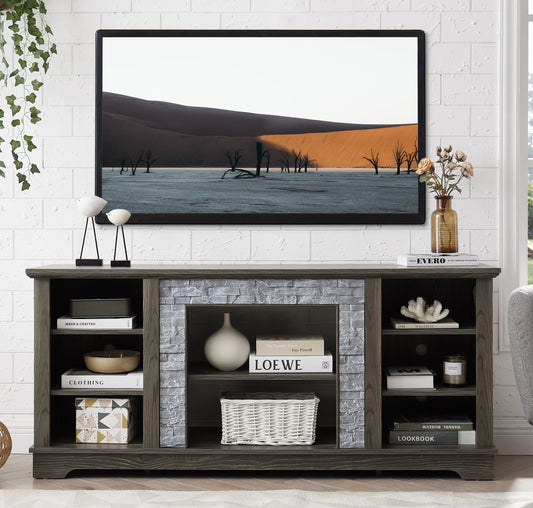 Mantel Stone TV Media Stand with with Faux Stacked Stone Surround, Modern Entertainment Console with Open Storage Space,Grey, 58.31'W*15.39'D*26.06'H