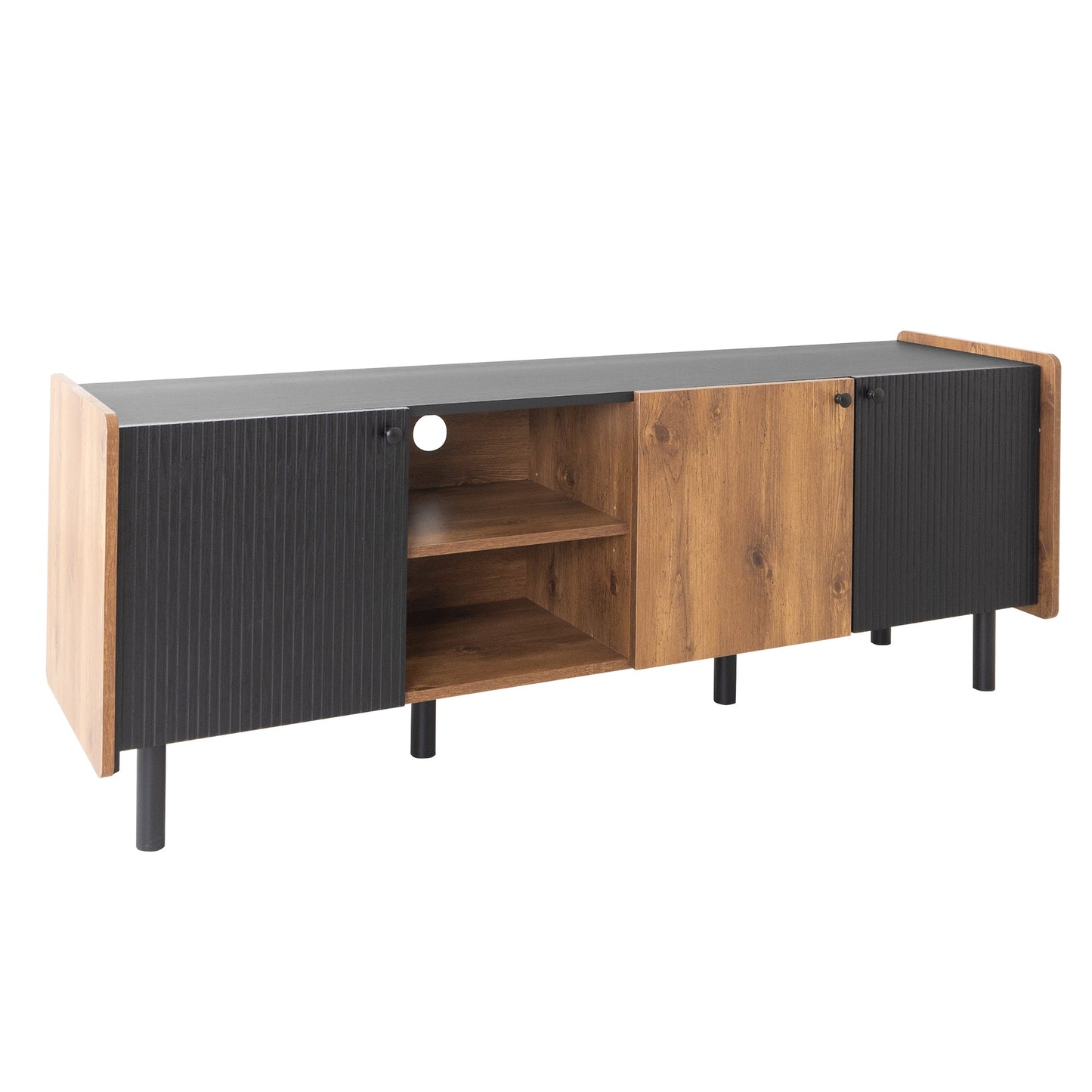 Mid Century TV Stand with 3 Cabinets, Media Console Table for TVs up to 70'', Entertainment Center with Storage for Living room, Bedroom, Black Color Top Panel & Handle