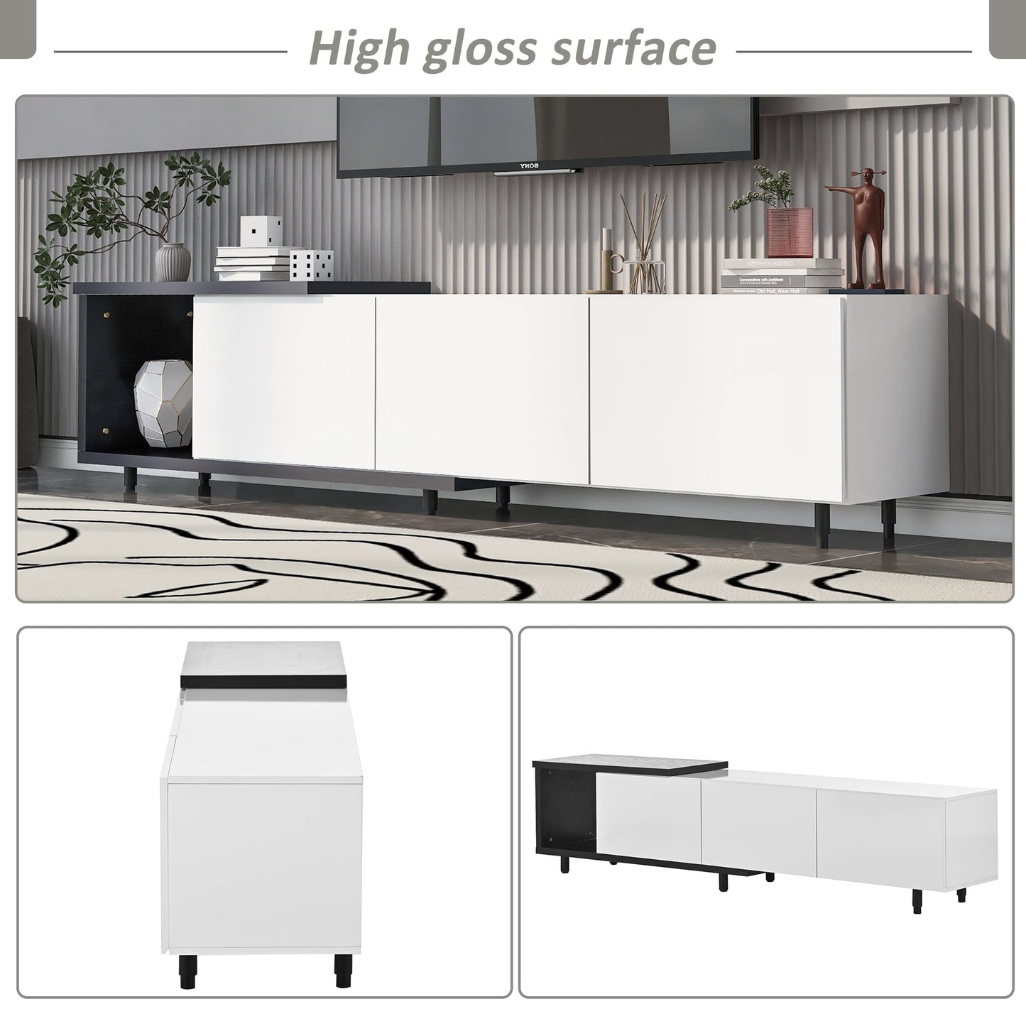 U-Can  70.1''-100'' Modern Stylish ExtendableTV Stand  TV Cabinet for 80+inch TV, Black+White (Old SKU: WF299723AAK)