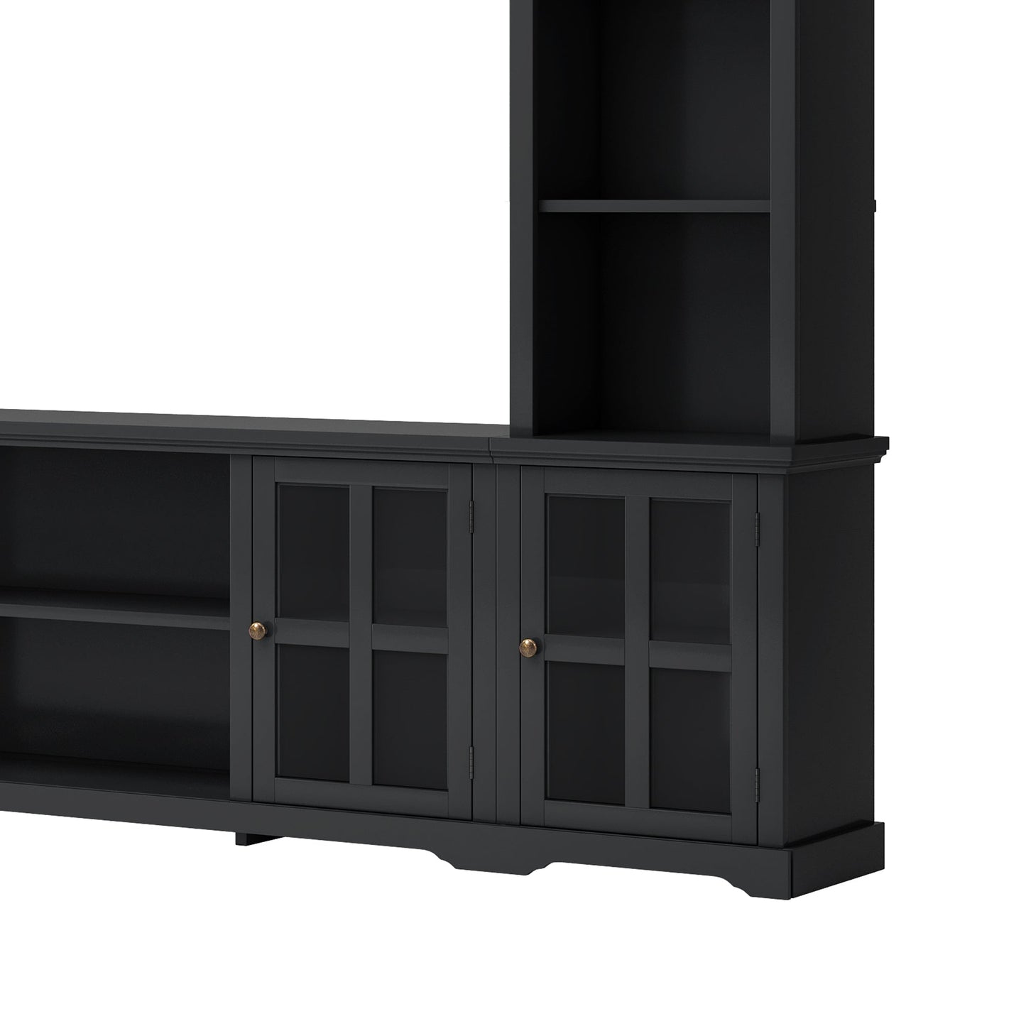 [VIDEO provided] ON-TREND Minimalism Entertainment Wall Unit with Bridge, Modern TV Console Table for TVs Up to 70', Multifunctional TV Stand with Tempered Glass Door, Black (Old SKU: SD000009AAB)