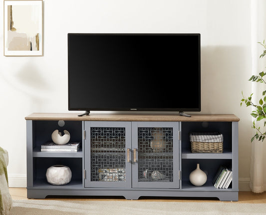 Modern Farmhouse TV Media Stand, Large Home Entertainment Console, for TV Up to 80'', with Open Shelves and Glass Door Cabinets, Light Blue and Light Oak, 70'W*15.55'D*26.85'H